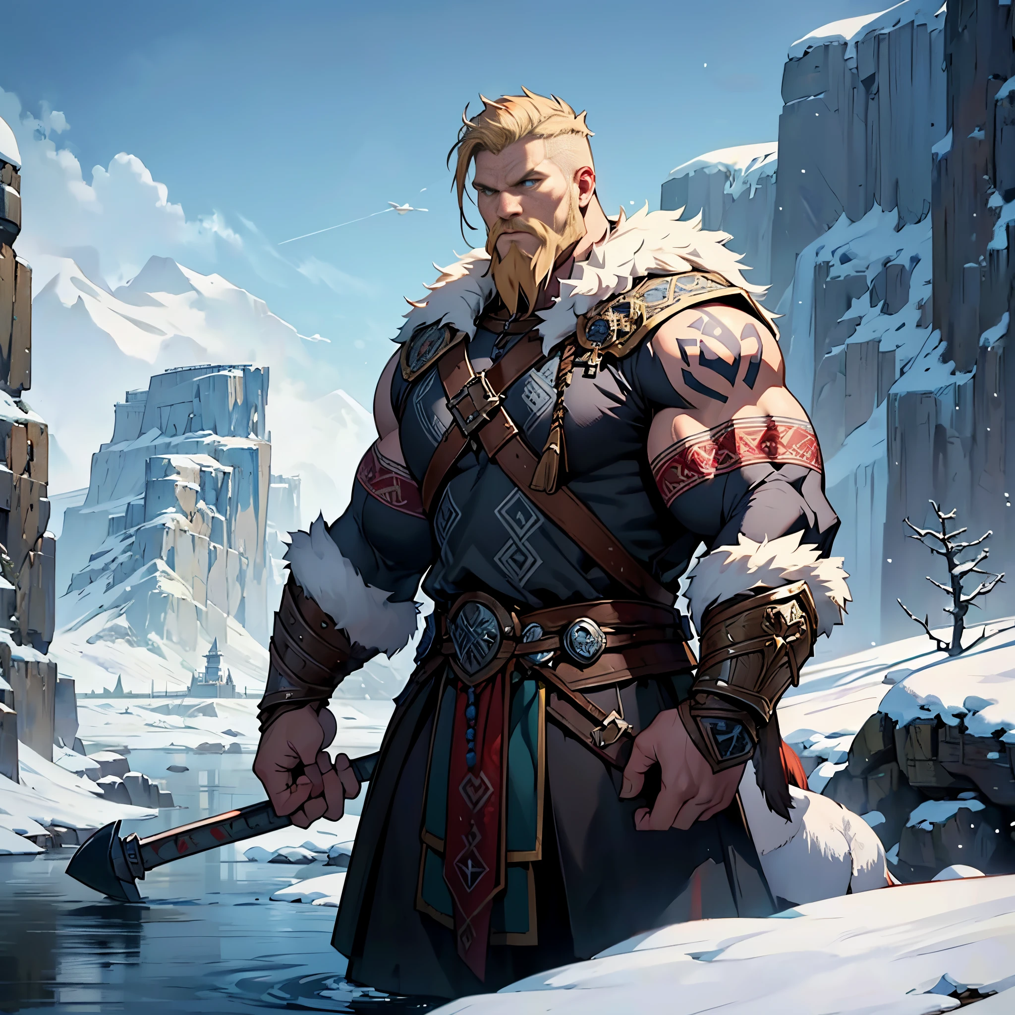 masterpiece, Best Quality, detailed, Cinematics, 4k, Background with:Viking buildings built on snowy fjord cliffs, Viking warrior wearing armor and fur coat with rune tattoos, Big Guy,