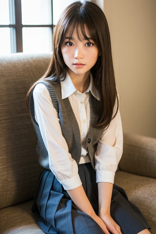 best quality, face focus, soft light, ultra high res, (photorealistic:1.4), RAW photo,
1japanese girl, solo, cute, (pupil, lights in the eyes), detailed beautiful face, (small chest),(high resolution detail of human skin texture),
(long hair),
sit couch,
school uniform, charcoal vest, skirt,
(upper thigh)