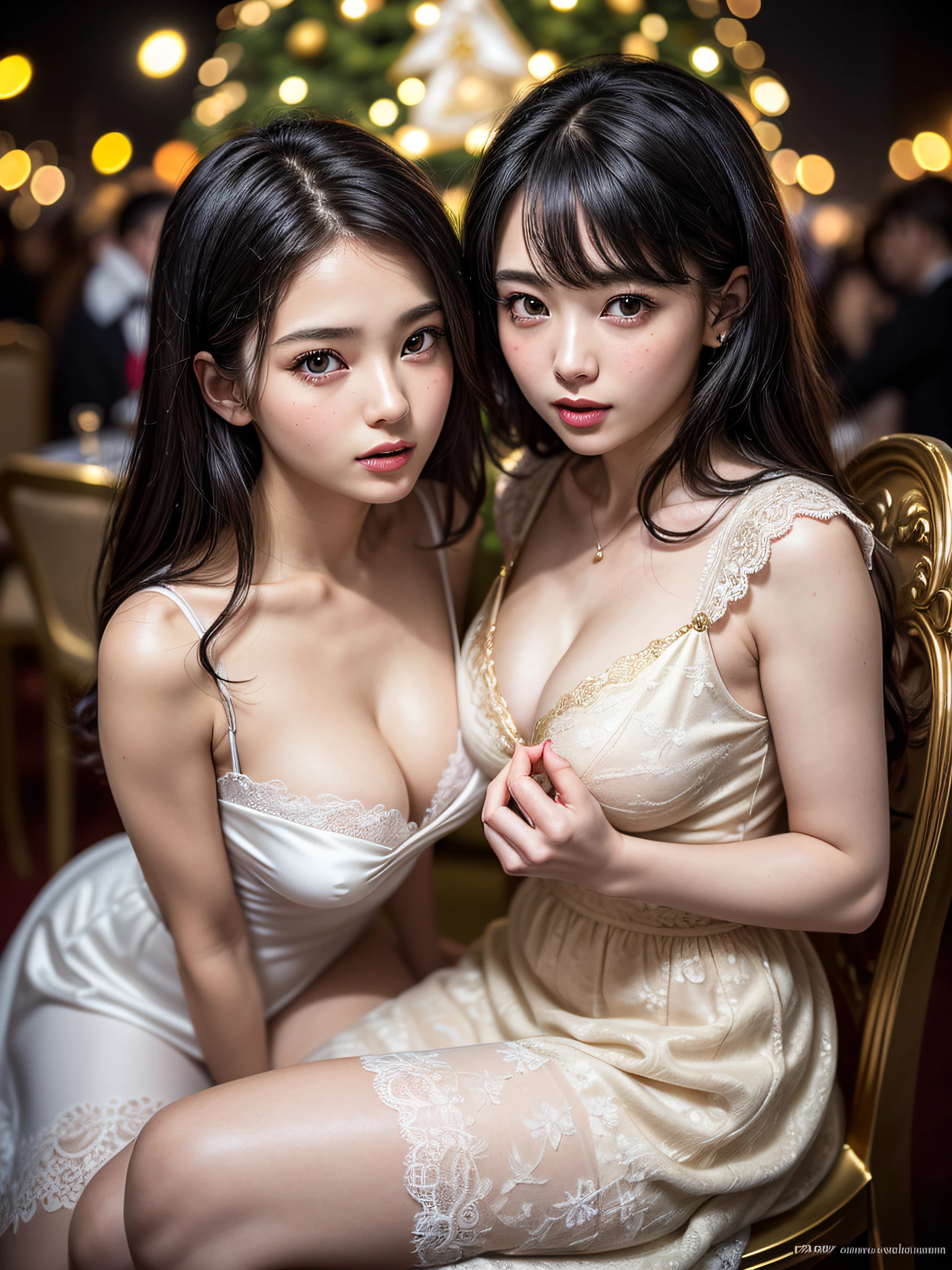 (2girls:1.3), Princess, Passionate, (extremely detailed beautiful face), (Beautiful girl in princess dress:1.5), (Lace dress:1.4), Amazing face and eyes, (The sexiest look), (Best Quality:1.4), (hyper quality), (Ultra-detailed), (extremely detailed CG unified 8k wallpaper), Highly detailed, RAW Photos, Professional Photography, Sitting, (Golden Chair, Golden ornaments, Dazzling brilliance:1.3), Luxurious, Gorgeous, secret, Sexy Shots, Magnificent, great, transcendental scale, sense of freedom, Exposing, Camel-to-Exposure, (Christmas tree, Christmas Lights, christmas lights, Christmas Ornaments), Holy Night, Moments of miracles, famous sexy movie scenes, Special moments