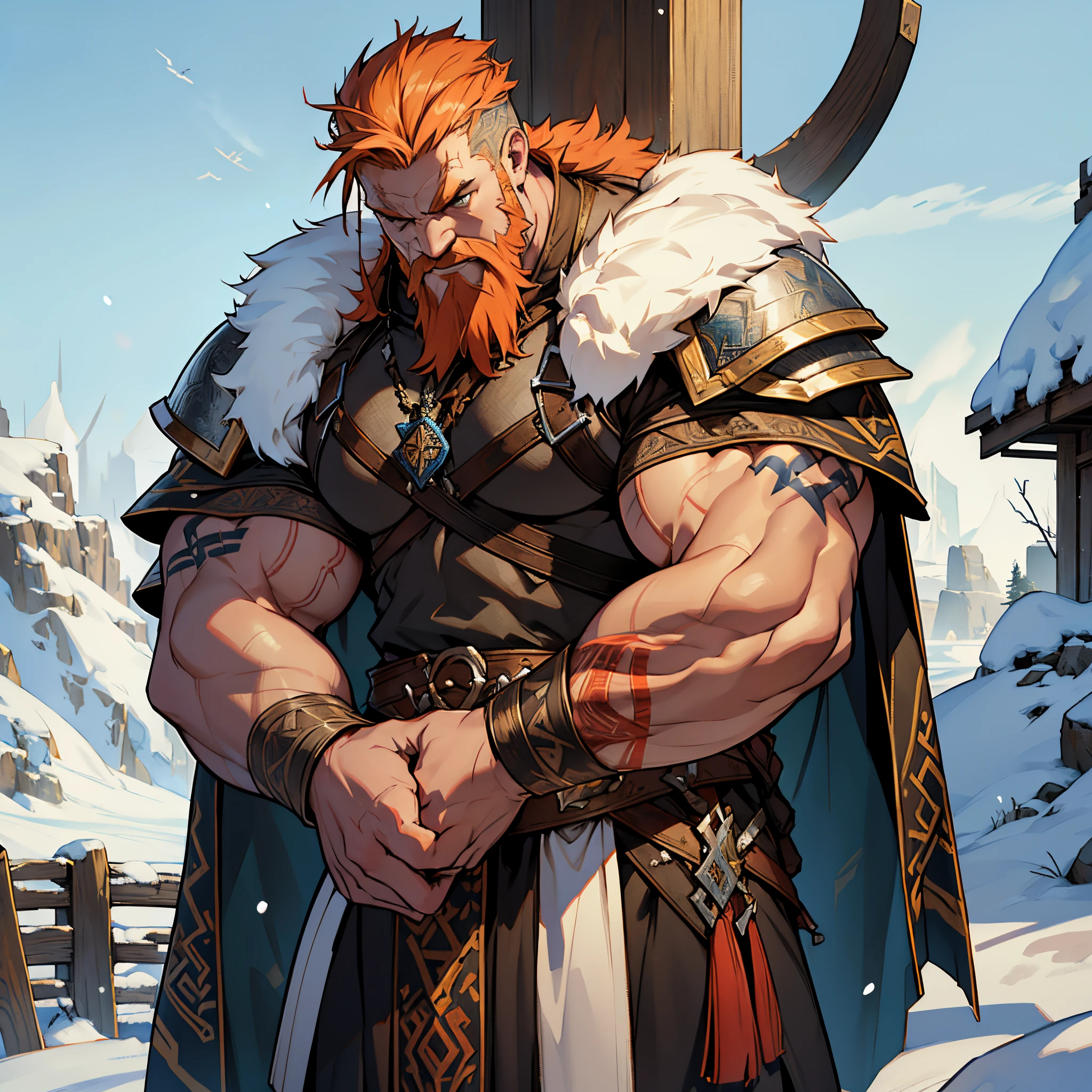 ​masterpiece, Best Quality, detailed, Cinematics, 4k, Background with:Viking buildings built on snowy fjord cliffs, Viking warrior wearing armor and fur coat with rune tattoos, Big Guy,