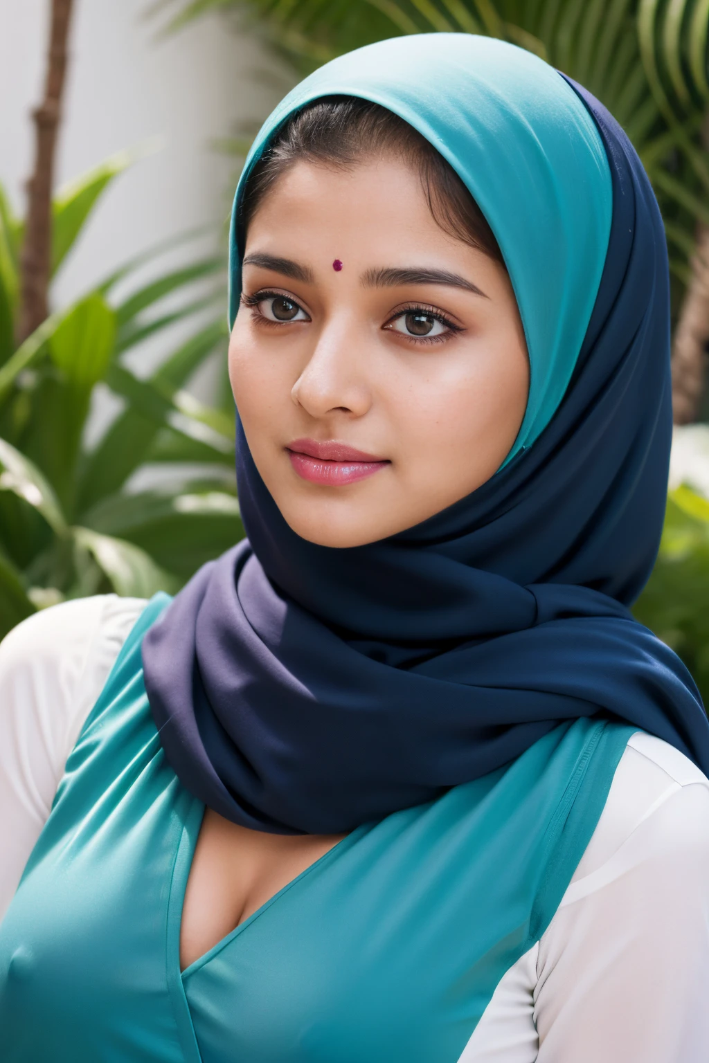 slutty, top-quality,Beautiful detailed hijabi,Bewitching face,(((kerala))) teen model,long lashes,Detailed details,Colossal tits,sideboobs,stares at the camera