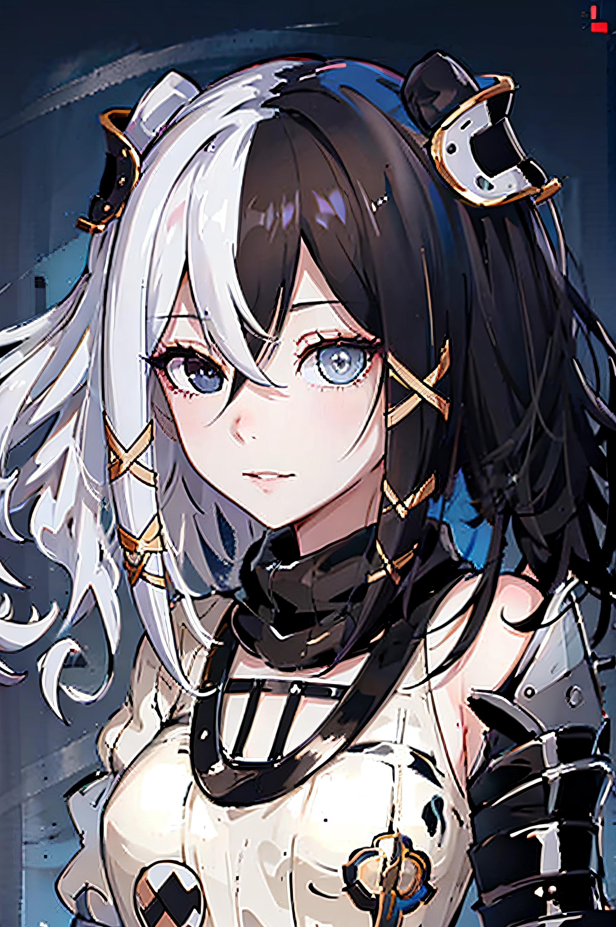 masutepiece, Best Quality, Ultra-detailed), (Illustration), (Beautiful detailed eyes), (1girl in), (Solo),Looking at Viewer,Face,Shaded face,Simple background,viewfinder,Portrait,profile,Upper body,Oranthulene,Hair Ornament,Heterochromia,Sweaters, Skirt,Black Gloves,multicolored hair, Black hair, White hair,Twin-tailed,two side up,Medium Hair,side locks,deadpan,sideways glance,From Side,Face up,From Side,greybackground,