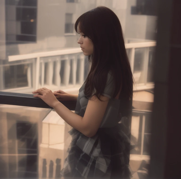 there is a woman standing on a balcony, next to a big window, profile pose, profile shot, in the city, beautiful view, looking outside, medium head to shoulder shot, side portrait imagery, standing near a window, contemplating, next to a window, over-shoulder shot, near a window, candid photograph, afternoon, looking away, profile portrait