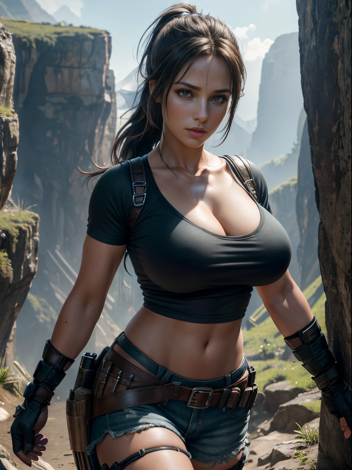 Beautiful young woman,Laura Croft,long brown hair in a ponytail,beautiful detailed eyes,beautiful detailed lips,extremely detailed eyes and face,longeyelashes,big bouncing breasts,blue t-shirt and black thong,white sox,black gloves,hiking boots,thigh gun holsters,(best quality,4k,8k,highres,masterpiece:1.2),ultra-detailed,(realistic,photorealistic,photo-realistic:1.37),HDR,UHD,studio lighting,ultra-fine painting,sharp focus,physically-based rendering,extreme detail description,professional,vivid Tomb Raider, Syfy, artists,beautiful young woman (Laura Croft),long brown hair in a ponytail (beautiful and detailed),big bouncing breasts, ((( exposed breasts 1.6))) ,blue t-shirt and green jean shorts,white sox,black gloves,hiking boots,thigh gun holsters,sharp focus,ultra-detailed,portraits,physically-based rendering,vivid colors. Full body