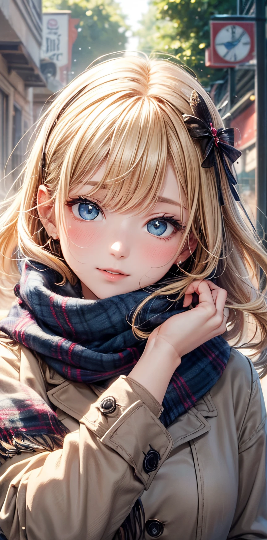 (​masterpiece),(top-quality:1.2),1girl in,(masuter piece:1.3),exquisitedetails, Highest quality 8K resolution, Ultra-detailed, Realistic, Vibrant colors, Soft tones, With warm and gentle lighting,(Beautiful plaid scarf:1.3),(Preet Pink Ruffled Ribbon Dress,) (Brown long coat:1.2) early evening,Big sunset,(Smooth straight blonde hair:1.2),(Hair parted in the middle:1.3),(Glowing hair),(Dark blue eyes:1.3),White skin, hair clips,Overflowing soft and gentle feelings,(The promenade is full of flowers),The sun's rays illuminate joy and pure love, Warm golden glow,The atmosphere is full of happiness and laughter, As if celebrating love,Sticking to ultra-detailed depictions and vivid colors. In a style that blends romanticism and realism、You can feel the depth of love,color palettes,Create an ethereal atmosphere like a dream,and the lighting is soft and diffused, Shine a gentle light on your face,The artwork is a masterpiece,