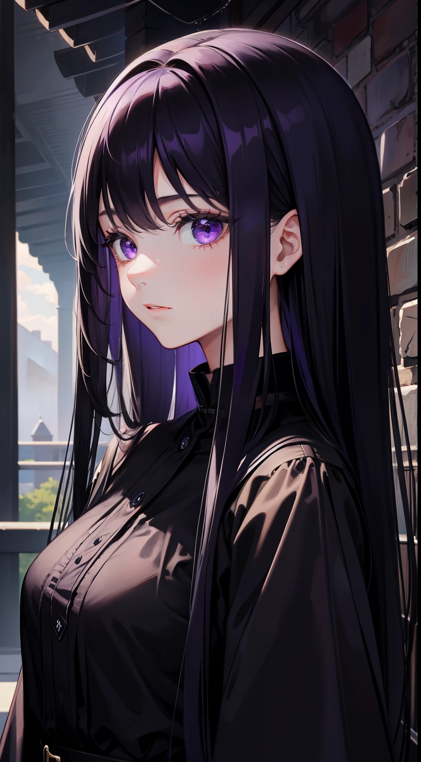 young girl, long dark purple or black hair, violet eyes, Black Rich Closed Clothing, Masterpiece, hiquality, high detail, HD, 4k