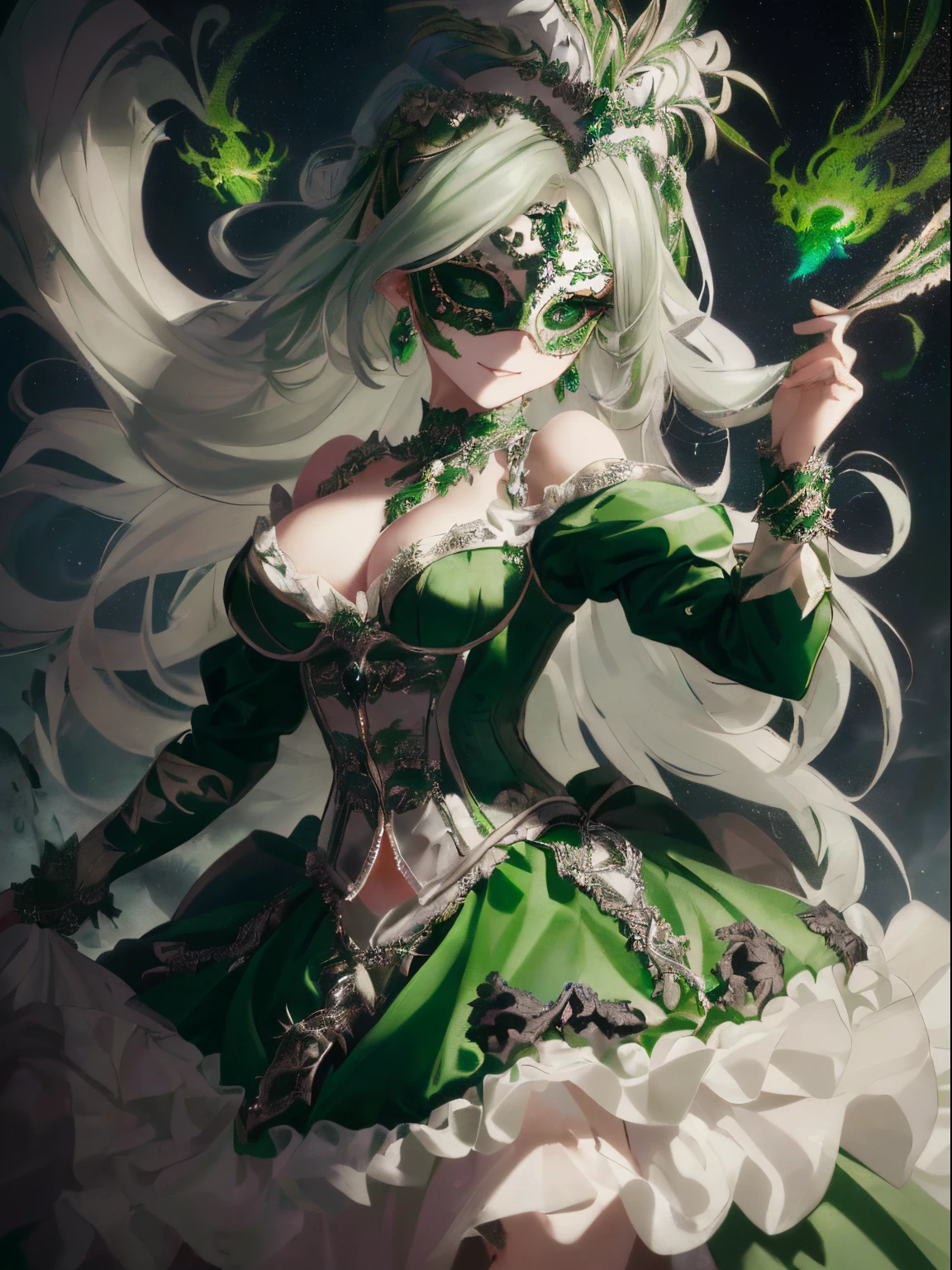 ((Hair mixed with white and green)),(Straight long hair),((She is wearing a mask like one would wear at a masquerade ball.....)),((Mask to cover the eyes)),((A dress with a flowing silhouette that shows off your body line,green and silver and yellow dress)),(flare sleeve),((corsets)),((The hem of the dress is long enough to reach the ground.)),(A chaotic worldview mixed with black, Green and silver),(Tartarus),(Hellish world),((abyss)),((Have the hem of the dress、please accept me as a nobleman&#39;Daughter of....)),(Invincible smile),((The hem of the dress sways as if dancing....))