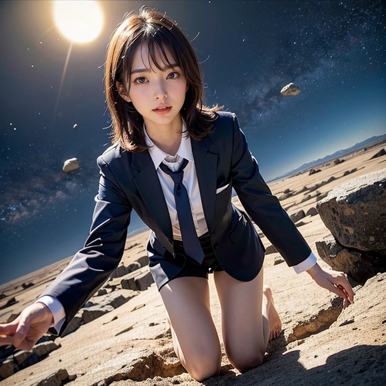 (masutepiece, Best Quality:1.2), 8K, Official art, Wearing a suit、Five Fingers、Full body photo, full body Esbian、Suit Beauty、Big Dipper in the background、star explosion、Beautiful barefoot woman with dark hair, hold a flame in your right hand、I&#39;m holding a snowstorm in my left hand、Bright lava light rises above the broken Earth from beneath the asteroid belt(Jagged rock rocks and fragments shot into the air:1.3) (Storm of windy dust debris:1.1) Volume fogmist by trace Z、It can allow bright light from below to pass through、 (​masterpiece) (top-quality) (detaileds) (8K) (电影灯光) (foco nítido) (Convoluted)A dark-haired、14years、small tits、A delightful、A smile、unbelievable Ridiculous, (a beauty girl, Pretty Face, arching back down, Gold hair ornament on hair、Wearing a cute suit、close up, Wearing a suit, Short sleeve, gardenia, violaceaess, space system, Looking at Viewer, Film grain, chromatic abberation, Sharp Focus, face lights, Dynamic lighting, Cinematic lighting, Eyes and faces with detailed, Bokeh background, (Tie with Emma written on it、1 copy:1.2)
