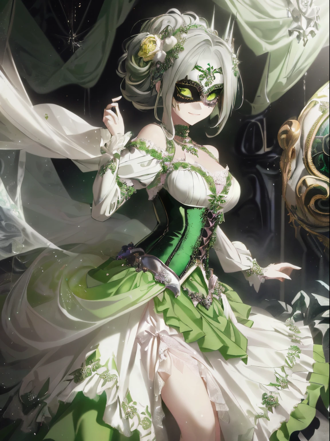 ((Hair mixed with white and green)),(Straight long hair),((She is wearing a mask like one would wear at a masquerade ball.....)),((Mask to cover the eyes)),((A dress with a flowing silhouette that shows off your body line,green and silver and yellow dress)),(flare sleeve),((corsets)),((The hem of the dress is long enough to reach the ground.)),(A chaotic worldview mixed with black, Green and silver),(Tartarus),(Hellish world),((abyss)),((Have the hem of the dress、please accept me as a nobleman&#39;Daughter of....)),(Invincible smile),((The hem of the dress sways as if dancing....))