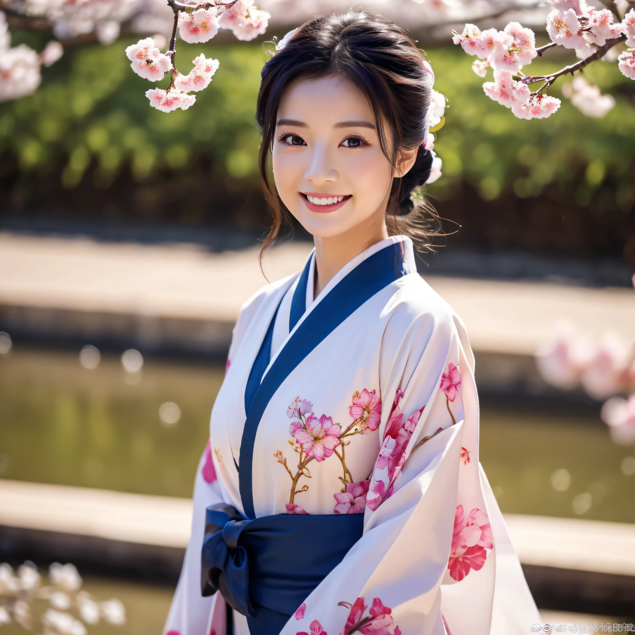 (Super beautiful woman in kimono)、((best qualtiy、8k masterpieces:1.3))、foco nítido:1.2、(ultra beautiful faces:1.0)、(shinny skin:1.0)、photos realistic、A dark-haired、Video Lighting、High-definition eyes and face、Video Lighting、Japanese actressl、from the front side、medium breasts、With a happy smile、Slender Abs Beauty、Whole body、wearing kimonos、cherry blossom in full bloom、luxury obi