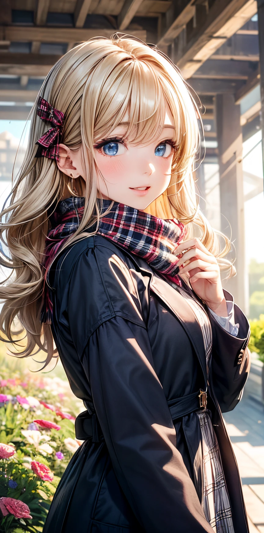 (​masterpiece),(top-quality:1.2),1girl in,(masuter piece:1.3),exquisitedetails, Highest quality 8K resolution, Ultra-detailed, Realistic, Vibrant colors, Soft tones, With warm and gentle lighting,(Beautiful plaid scarf:1.3),(Preet Pink Ruffled Ribbon Dress,) (Brown long coat:1.2) early evening,Big sunset,(Smooth straight blonde hair:1.2),(Hair parted in the middle:1.3),(Glowing hair),(Dark blue eyes:1.3),White skin, hair clips,Overflowing soft and gentle feelings,(The promenade is full of flowers),The sun's rays illuminate joy and pure love, Warm golden glow,The atmosphere is full of happiness and laughter, As if celebrating love,Sticking to ultra-detailed depictions and vivid colors. In a style that blends romanticism and realism、You can feel the depth of love,color palettes,Create an ethereal atmosphere like a dream,and the lighting is soft and diffused, Shine a gentle light on your face,The artwork is a masterpiece,