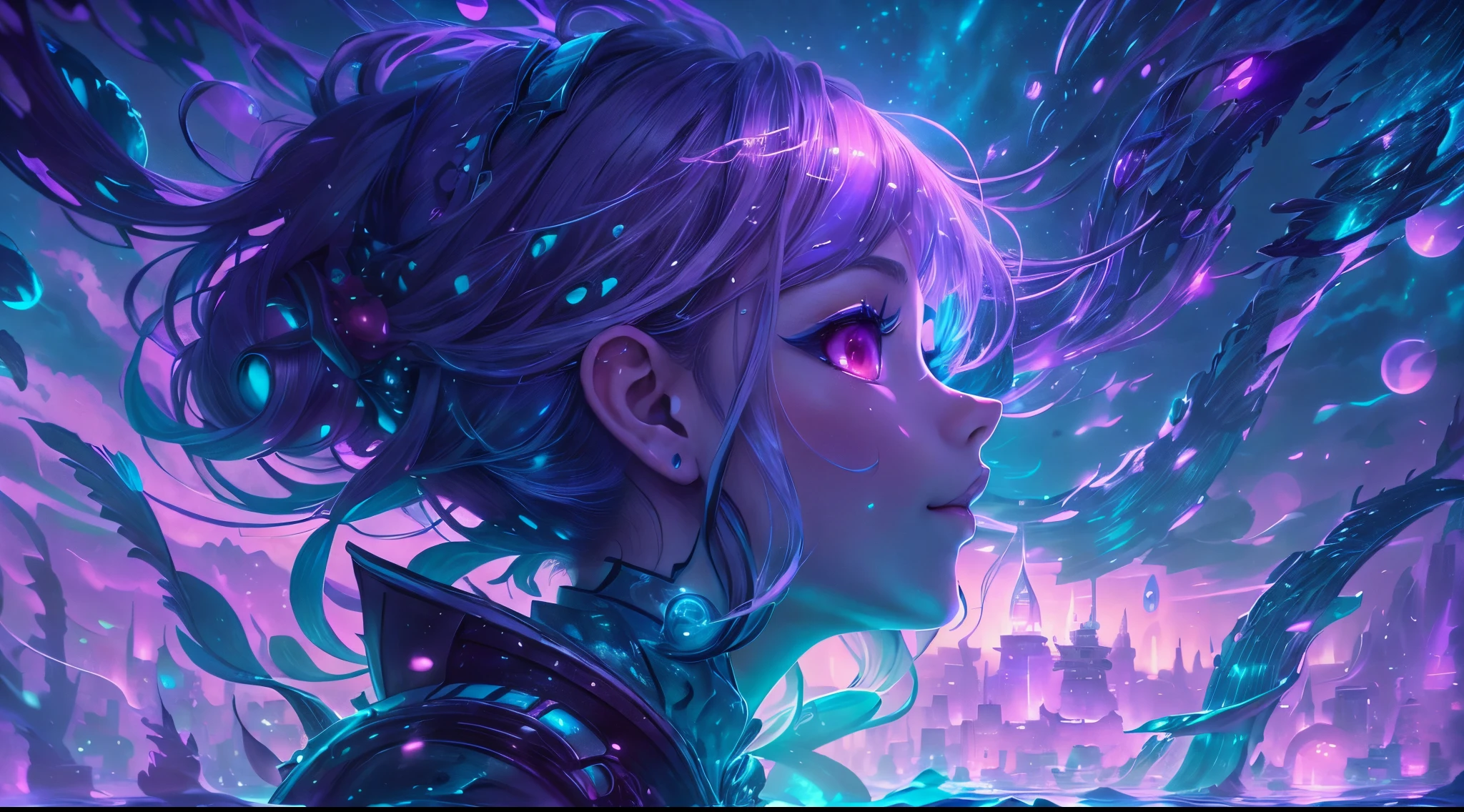 Underwater world with futuristic city. Purple, blue and black with moonlight shining through the layers of water. ((A pretty anime girl looking up from the waters depths)). High resolution, 16k detailed photo realistic art