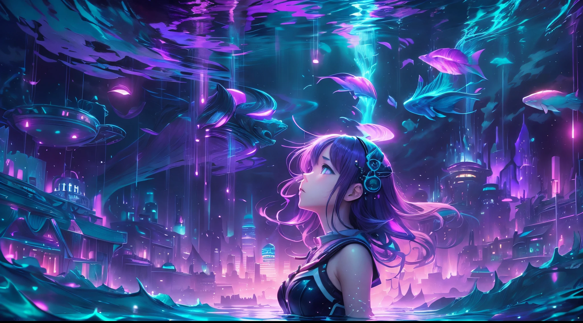 Underwater world with futuristic city. Purple, blue and black with moonlight shining through the layers of water. ((A pretty anime girl looking up from the waters depths)). High resolution, 16k detailed photo realistic art