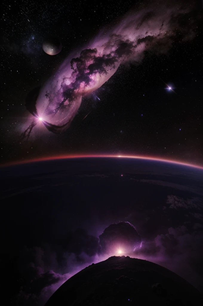 a purple nebula with comets flying around, a planet in the back round and and a black hole in the middle eating