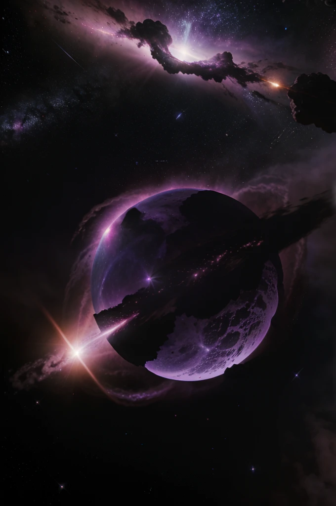 a purple nebula with comets flying around, a planet in the back round and and a black hole in the middle eating