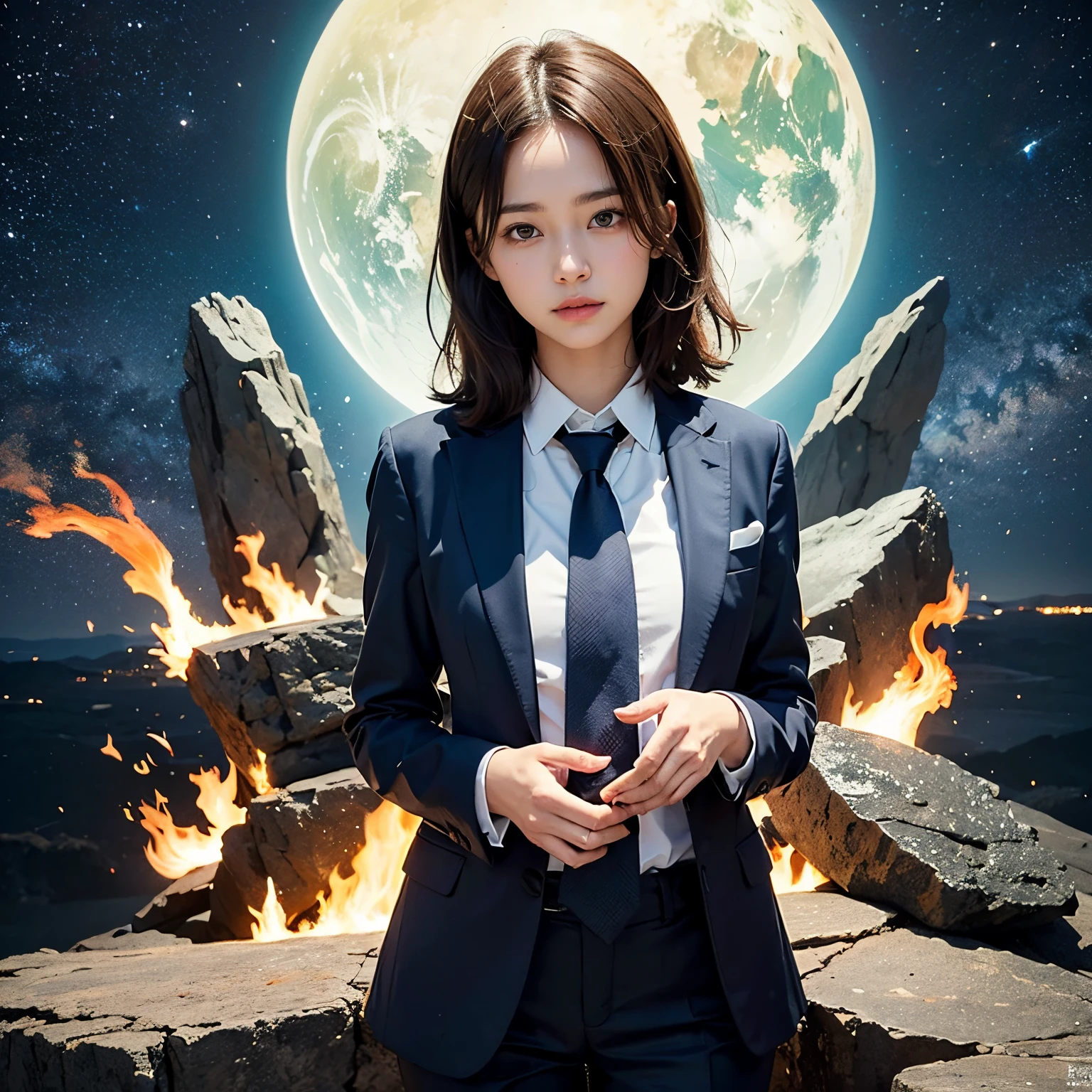 (masutepiece, Best Quality:1.2), 8K, Official art, Wearing a suit、Five Fingers、Full body photo, full body Esbian、Suit Beauty、Big Dipper in the background、star explosion、Beautiful barefoot woman with dark hair, hold a flame in your right hand、I'm holding a snowstorm in my left hand、Bright lava light rises above the broken Earth from beneath the asteroid belt(Jagged rock rocks and fragments shot into the air:1.3) (Storm of windy dust debris:1.1) Volume fogmist by trace Z、It can allow bright light from below to pass through、 (masterpiece) (top-quality) (detaileds) (8K) (电影灯光) (foco nítido) (Convoluted)A dark-haired、14years、small tits、A delightful、A smile、unbelievable Ridiculous, (a beauty girl, Pretty Face, arching back down, Gold hair ornament on hair、Wearing a cute suit、close up, Wearing a suit, Short sleeve, gardenia, violaceaess, space system, Looking at Viewer, Film grain, chromatic abberation, Sharp Focus, face lights, Dynamic lighting, Cinematic lighting, Eyes and faces with detailed, Bokeh background, (Tie with Emma written on it、1 copy:1.2)