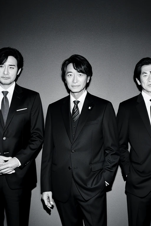 Five Japanese men in their 50s in black suits are lined up.,black-and-white