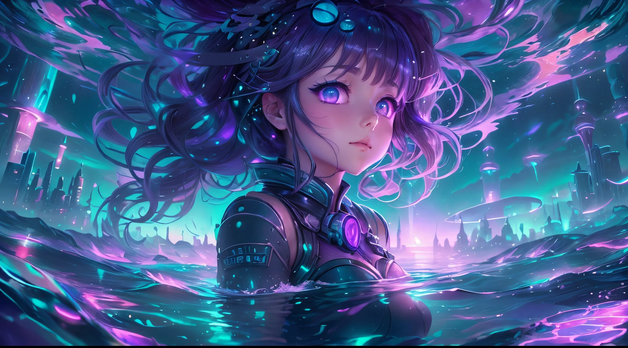 Underwater world with futuristic city. Purple, blue and black with moonlight shining through the layers of water. ((A pretty anime girl looking up from the waters depths)). High resolution, 16k detailed photo realistic art