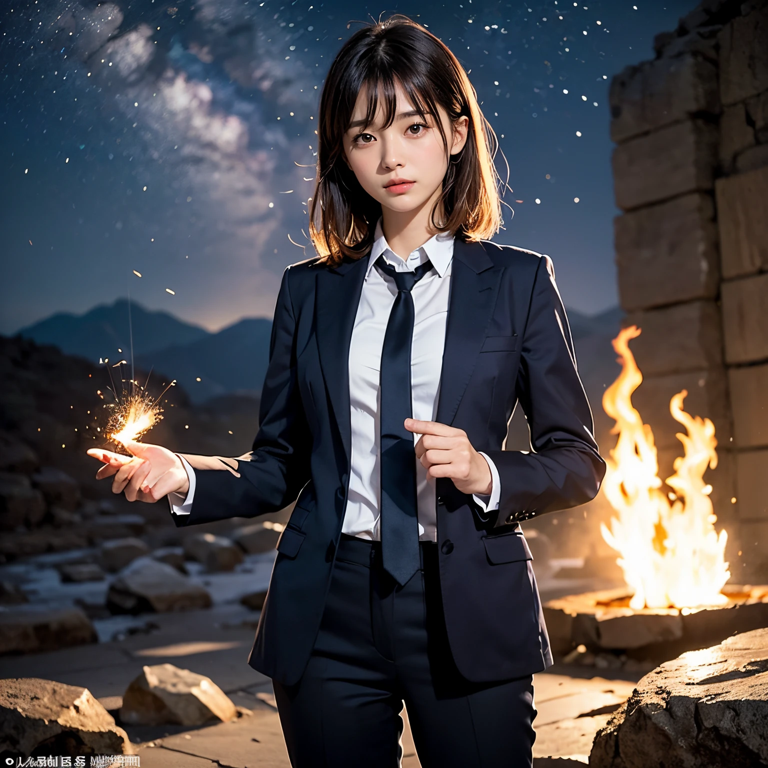 (masutepiece, Best Quality:1.2), 8K, Official art, Wearing a suit、Five Fingers、Full body photo, full body Esbian、Suit Beauty、Big Dipper in the background、star explosion、Beautiful barefoot woman with dark hair, hold a flame in your right hand、I&#39;m holding a snowstorm in my left hand、Bright lava light rises above the broken Earth from beneath the asteroid belt(Jagged rock rocks and fragments shot into the air:1.3) (Storm of windy dust debris:1.1) Volume fogmist by trace Z、It can allow bright light from below to pass through、 (​masterpiece) (top-quality) (detaileds) (8K) (电影灯光) (foco nítido) (Convoluted)A dark-haired、14years、small tits、A delightful、A smile、unbelievable Ridiculous, (a beauty girl, Pretty Face, arching back down, Gold hair ornament on hair、Wearing a cute suit、close up, Wearing a suit, Short sleeve, gardenia, violaceaess, space system, Looking at Viewer, Film grain, chromatic abberation, Sharp Focus, face lights, Dynamic lighting, Cinematic lighting, Eyes and faces with detailed, Bokeh background, (Tie with Emma written on it、1 copy:1.2)