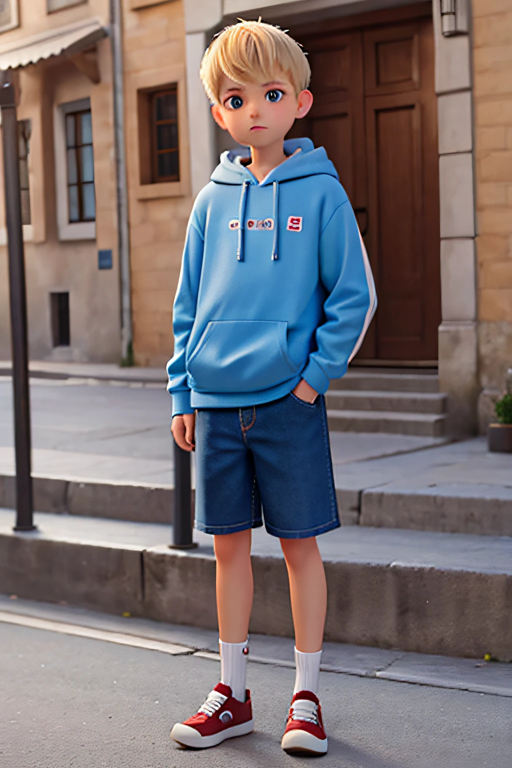 Boy blond  european short hair hoodie in a street