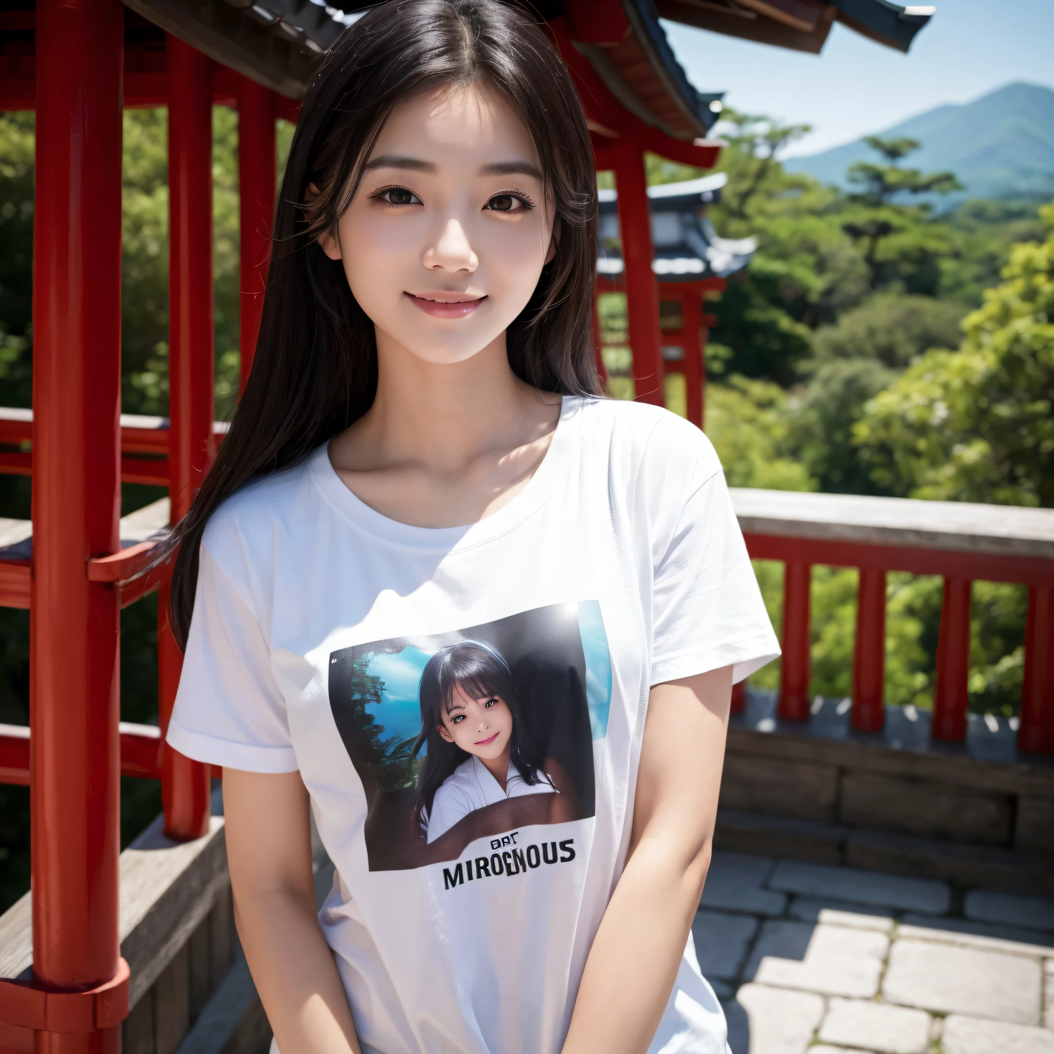 One beauty、((best qualtiy、8k masterpieces:1.3))、foco nítido:1.2、(ultra beautiful faces:1.0)、(shinny skin:1.0)、photos realistic、A dark-haired、Video Lighting、High-definition eyes and face、Video Lighting、Japanese actressl、from the front side、medium breasts、Smile、Slender Abs Beauty、Whole body、Kanji for Japan「tenderness」Wearing a T-shirt、At the shrine