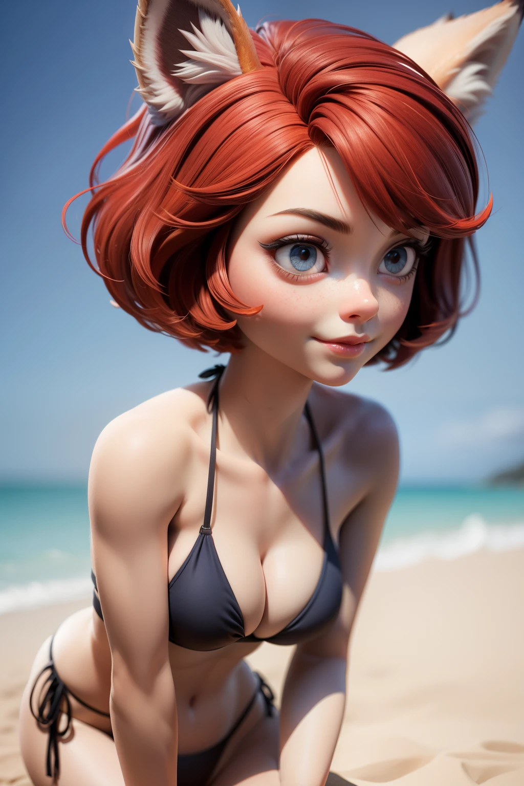 1girl, full body, ager, solo, (short pixie cut Hair, undercut red hair: 1.28), ((light gray eyes)), some small freckles, (dark fox ears: 1.35), pale skin, large breasts, cleavage, (thin hips, thin waist , athletic body: 1.25), simple background, looking away, (wearing only a bikini: 1.5), kneelingdown in the sand, at a beach, masterpiece, best quality,3d rending work ,3DMM style, close-up, portrait, 3D,