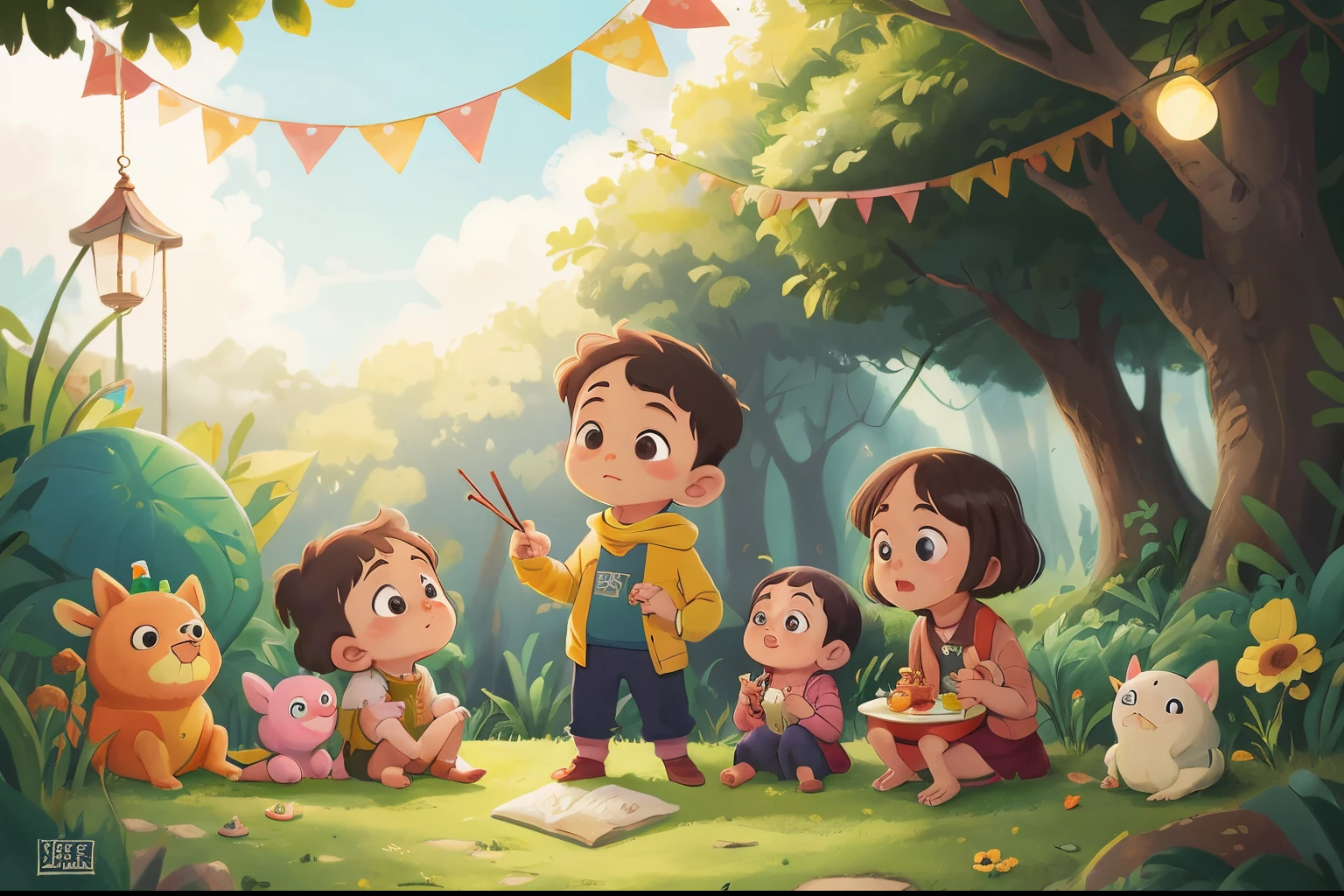 A quiet child inhis birthday partyBucolic style. Women's children's clothing. Cor Lisa. Arte simples. Ghibli Style Studio. em um jardim, segurando mapa do tesouro