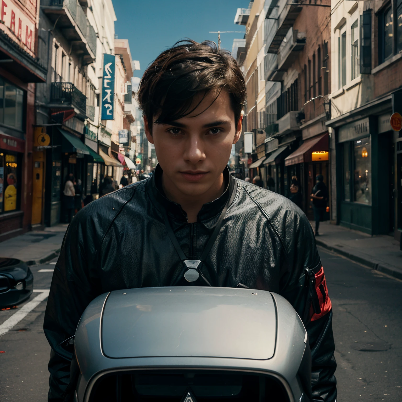 A boy with a car drink red vine Street futuristic background realistic