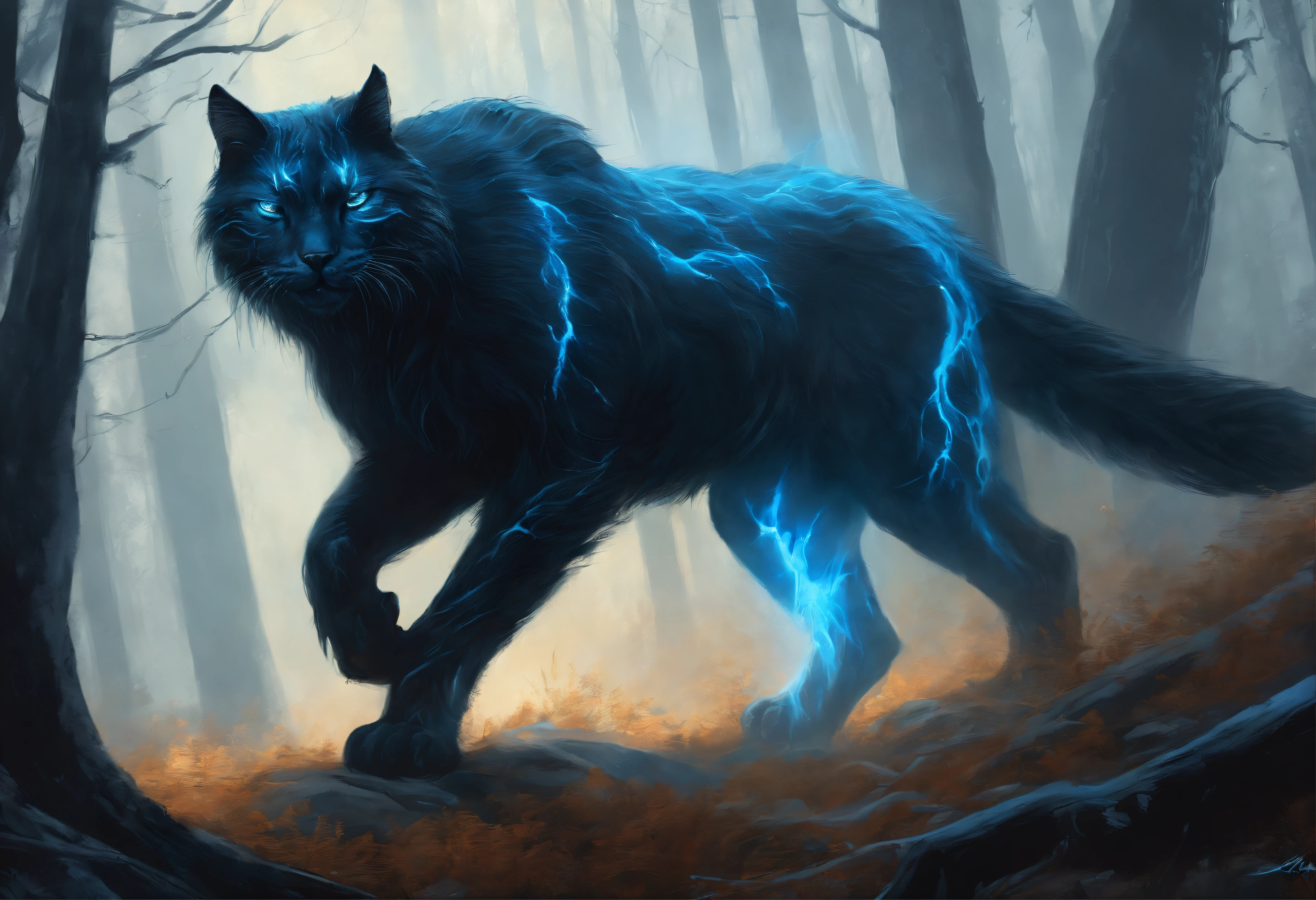 A painting of a gigantic gigantic cat covered in blue flames in a birch forest in a snowstorm, carnage, Sci - Horror Art of Fiction, Science fiction horror artwork, inspired by Aleksi Briclot, Horror fantasy art, par Aleksi Briclot, Horror concept art, venin, Art fantastique et horreur, Detailed illustration of 4K horror, beast creature, Dark Horror Art
