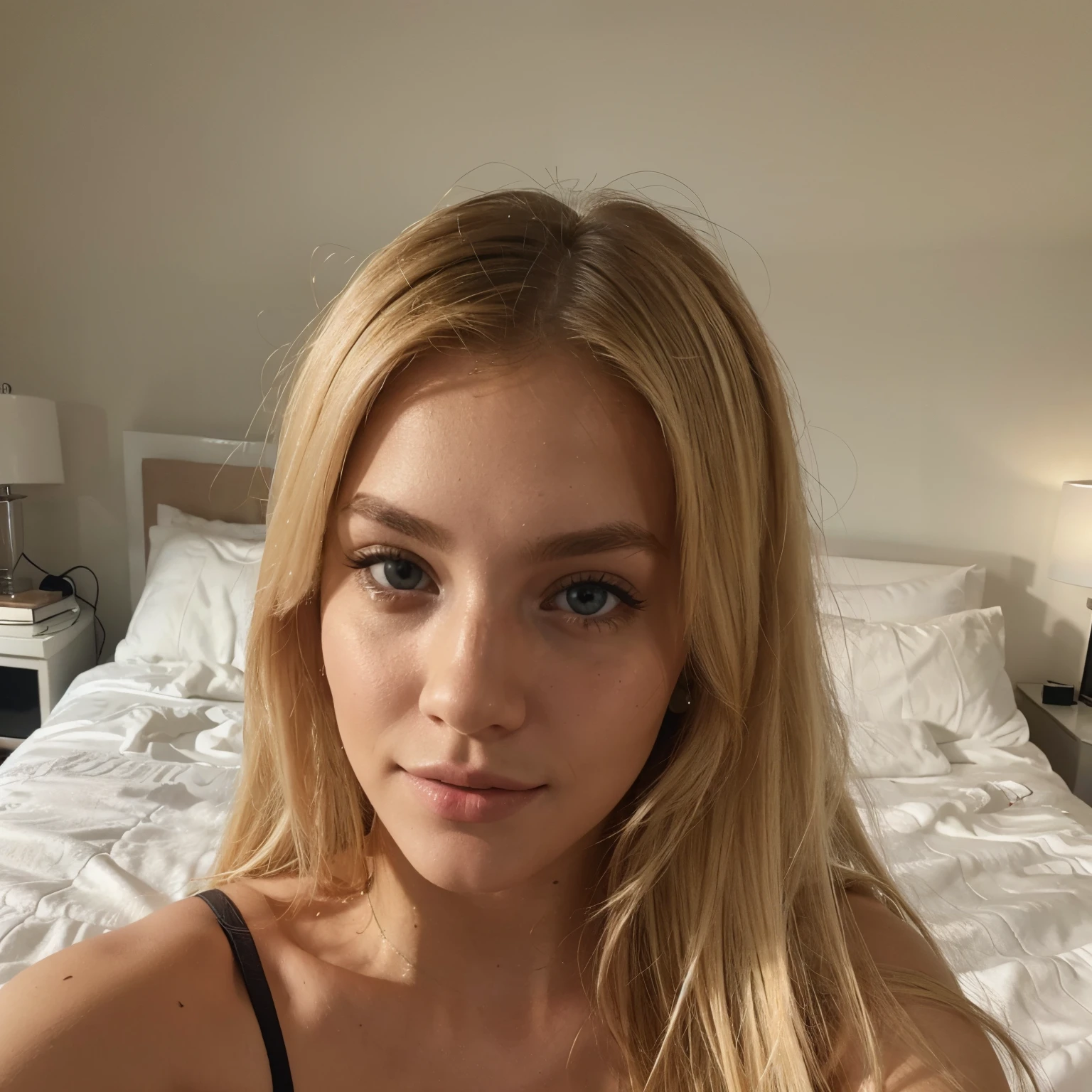 Blonde instagram model, realistic, selfie, bedroom, instagram stories