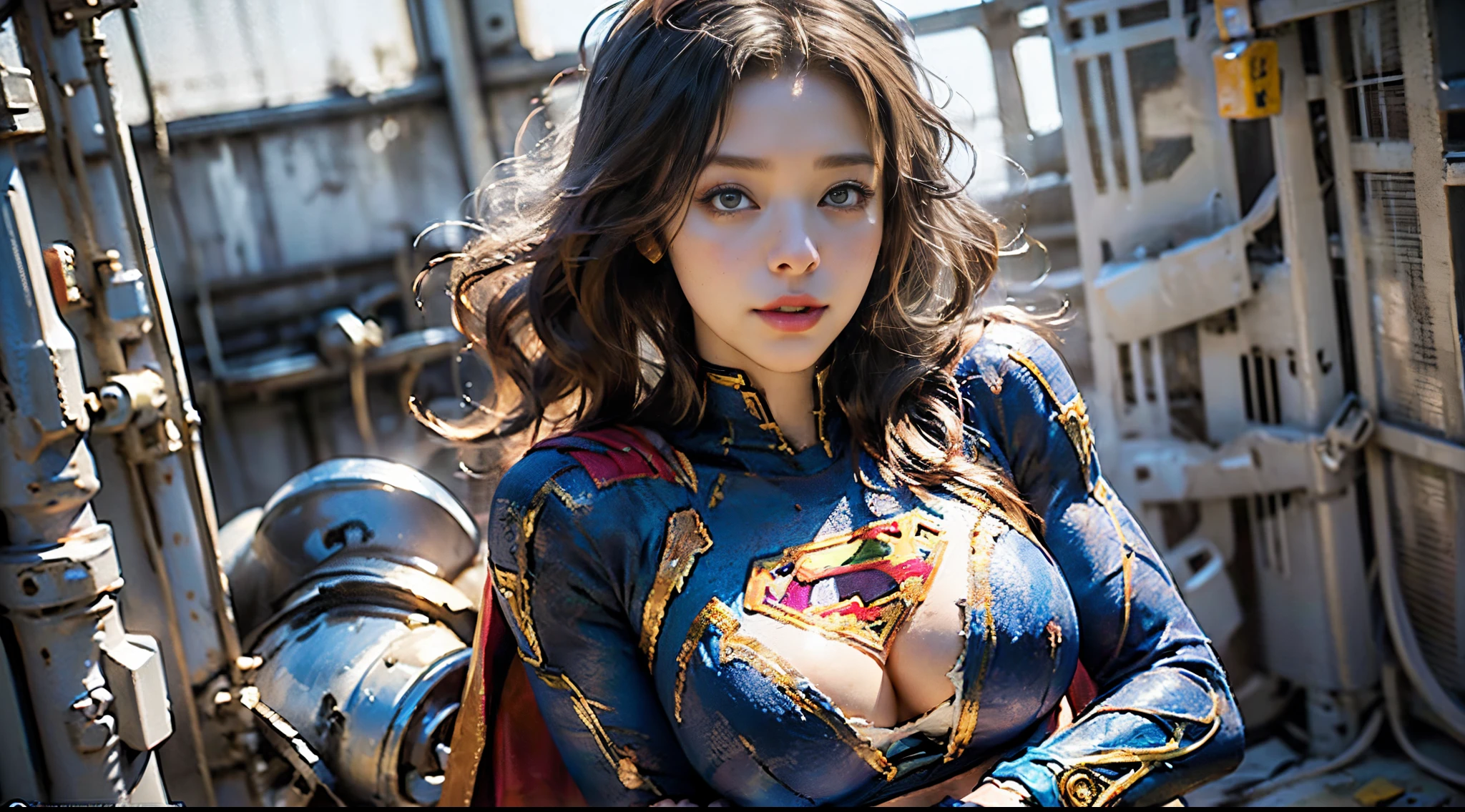 (((Supergirl Suit)))、Beautiful American woman long blonde hair, 23 years old, Hourglass body,Huge breasts, Defined body, Wearing lace lingerie:1.6 (((Bra, thong panties and 7/8 Supergirl cosplay sock)) , realist,((Superwoman Costume)) 、 biomechanical oppai,、fanart best artstation, artgerm style, Marked cat,masutepiece, Full Detail,  Photorealistic, 8K, ((( large full breasts:1.5、Big thighs:1.2)))、((Hands together))、wounded、Full of scratches、Turning the crotch、((Looking at the camera))、Light in the eyes