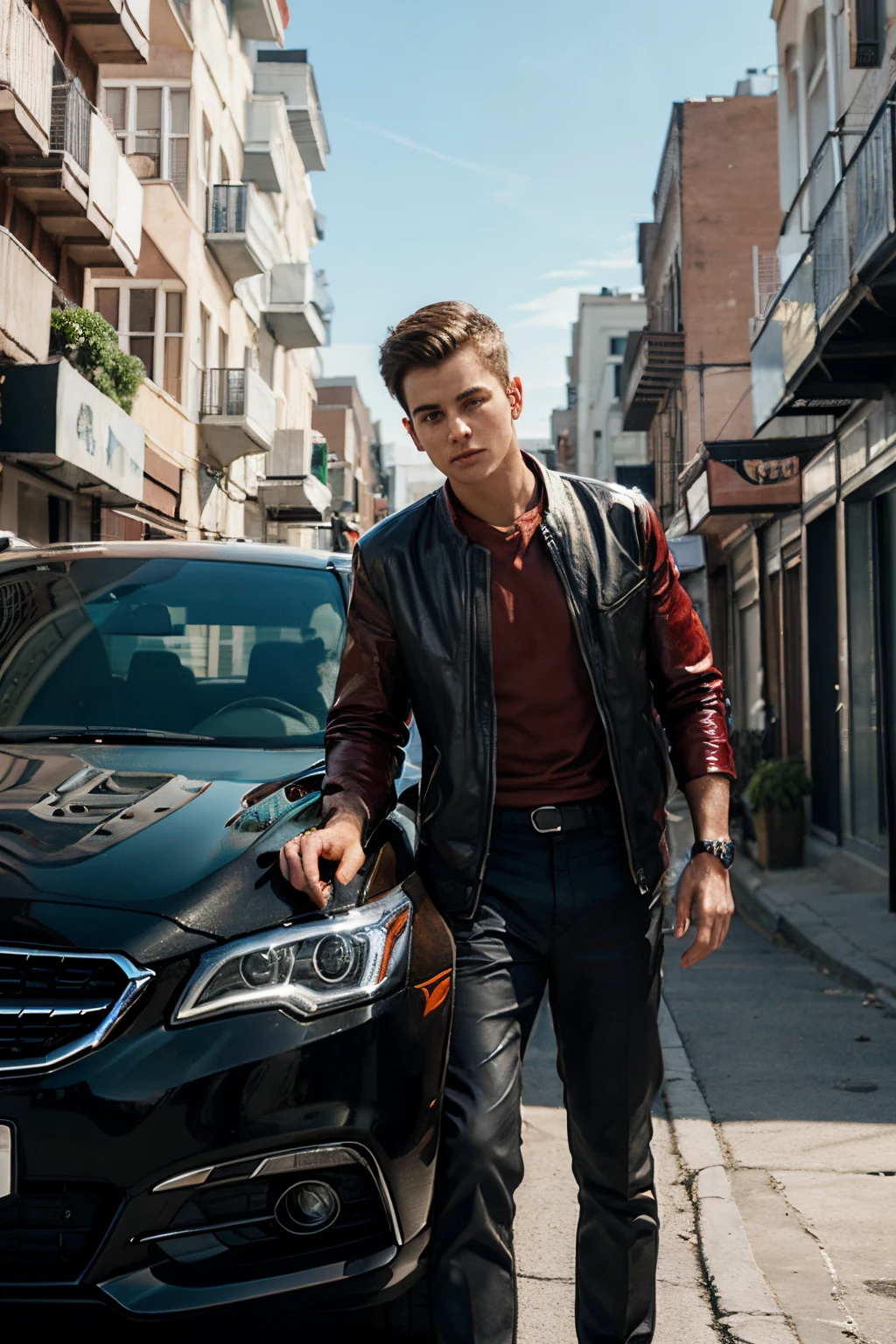 A boy with a car drink red vine Street futuristic background realistic