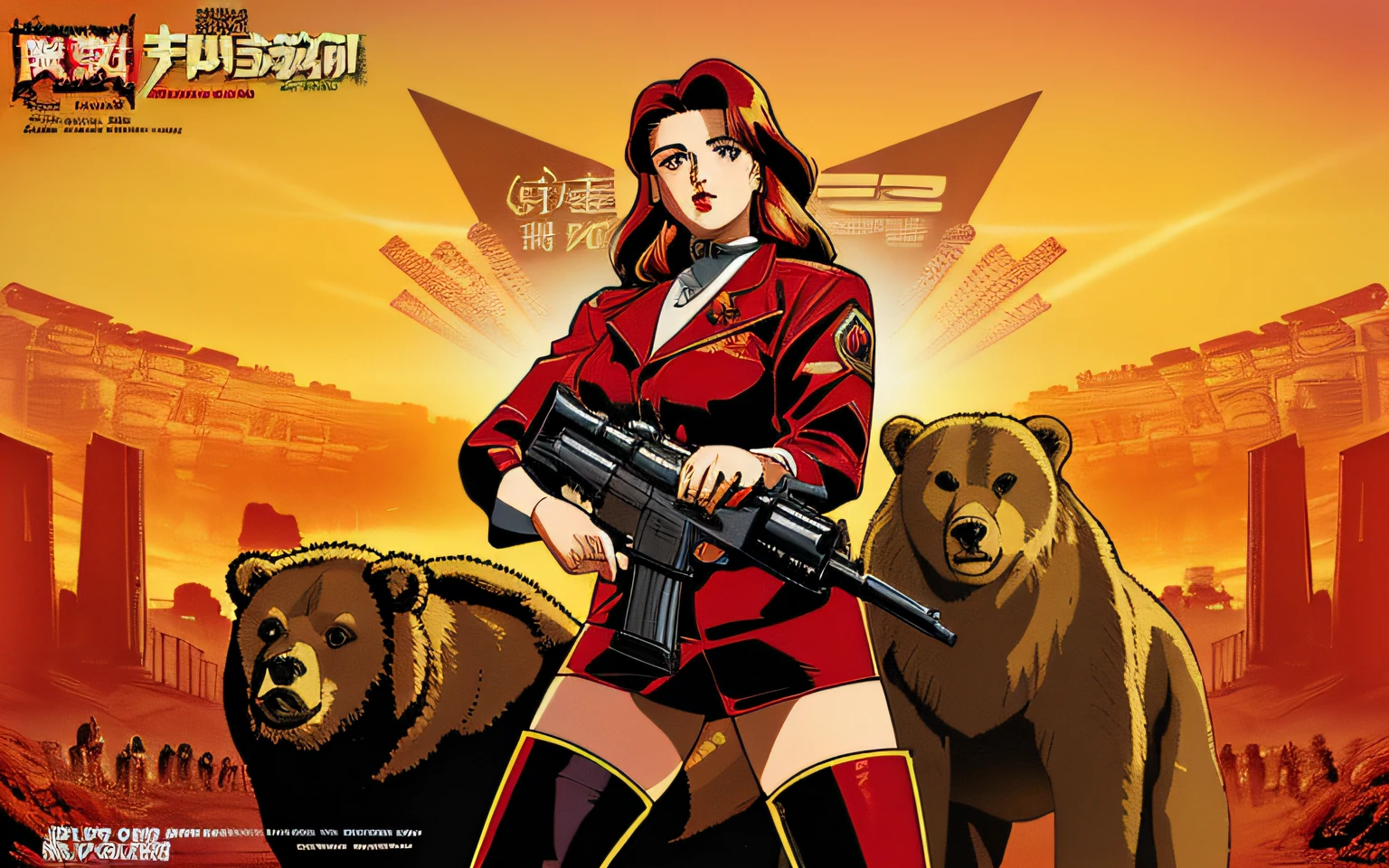 Close-up of a woman holding a gun and a bear, Official artwork, retro artwork, Planet of Horror, Inspired by Noriyoshi Oi, Red Alert 2 Commands & conquer,game poster, Propaganda art, The game screen is very hot, Propaganda art