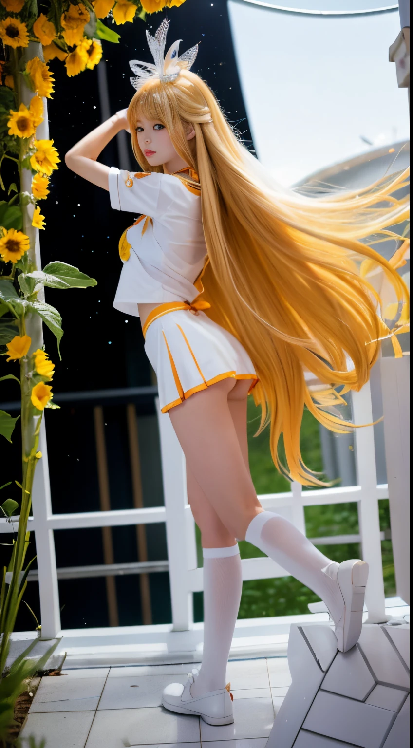 rialistic photo、sailorvenus、, with long blonde hair, the sailor galaxia. Beautiful, Anime Barbie in white stockings,White panty、 beautiful girl、Poolside in summer、Sunflower background、, by Sailor Moon, model エリサヘス s from acquamodels, full pose, Bottom Angle, wearing honey - themed miniskirt