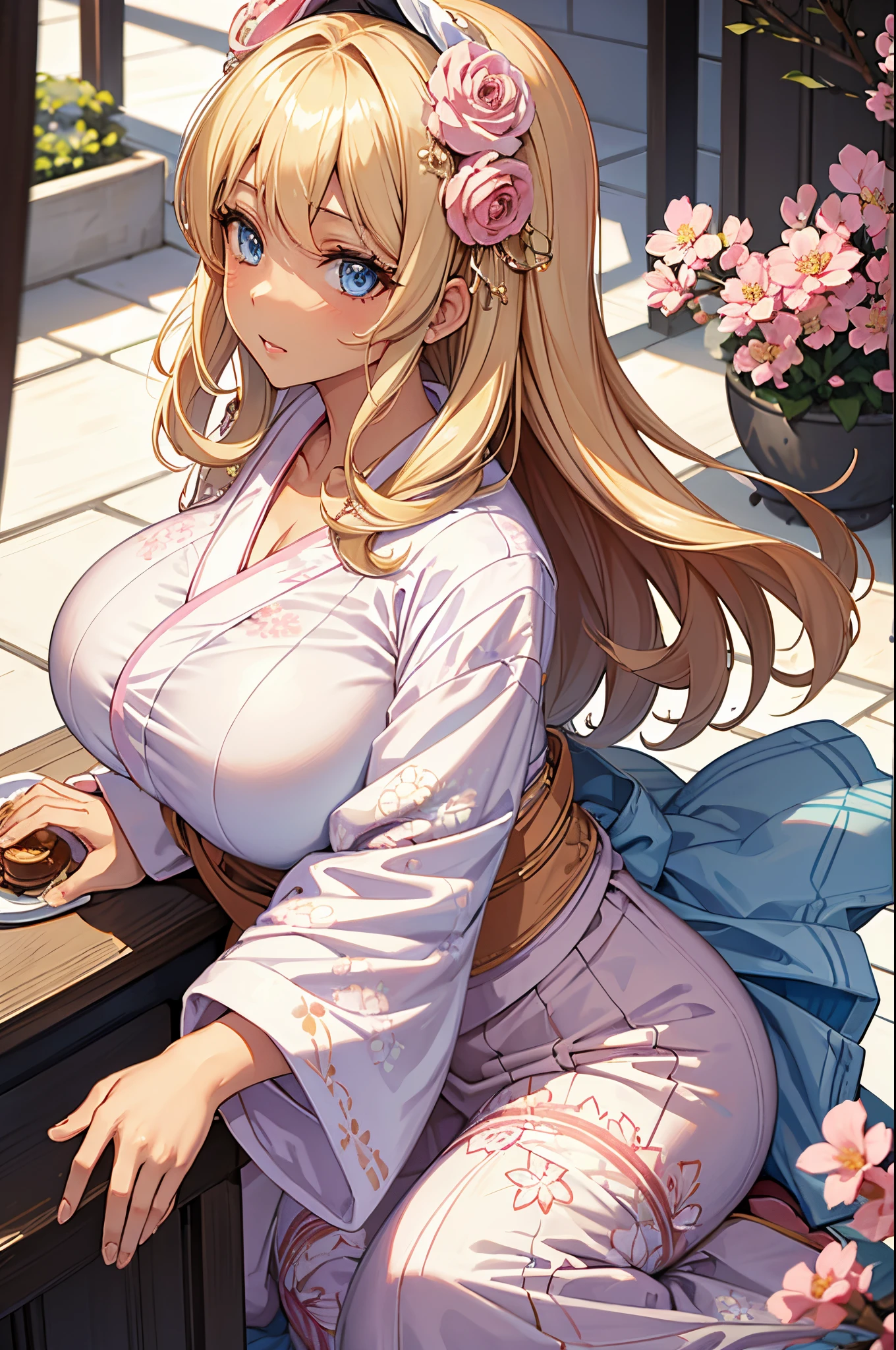 Female Gyaru, Hime cut Blonde hair, Blue eyes, dark brown skin, large breasts, wearing a white and pink yukata with floral accents