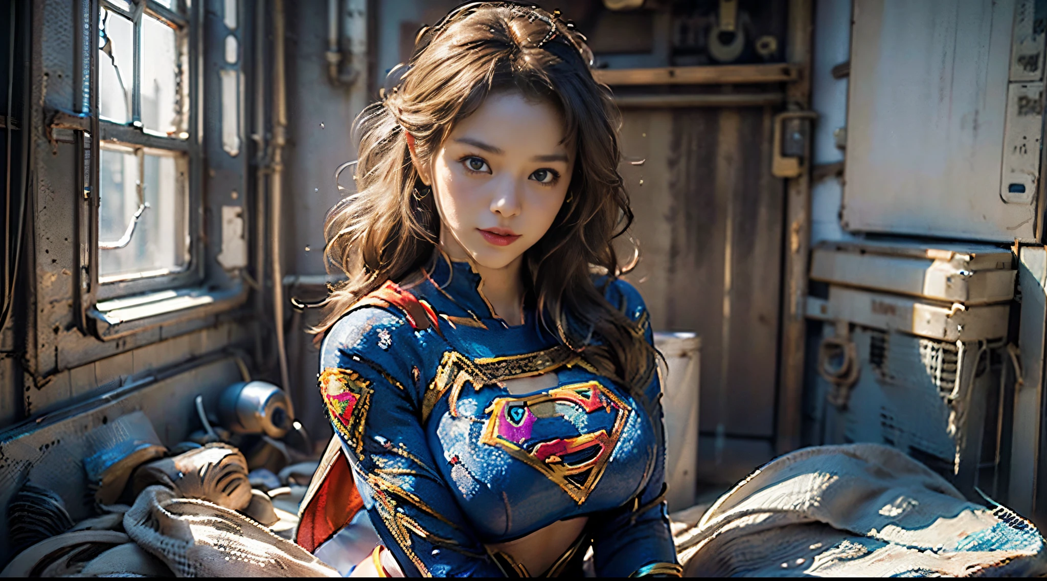 (((Supergirl Suit)))、Beautiful American woman long blonde hair, 23 years old, Hourglass body,Huge breasts, Defined body, Wearing lace lingerie:1.6 (((Bra, thong panties and 7/8 Supergirl cosplay sock)) , realist,((Superwoman Costume)) 、 biomechanical oppai,、fanart best artstation, artgerm style, Marked cat,masutepiece, Full Detail, Photorealistic, 8K, ((( large full breasts:1.5、Big thighs:1.2)))、((Hands together))、wounded、Full of scratches、Turning the crotch、((Looking at the camera))、Light in the eyes
