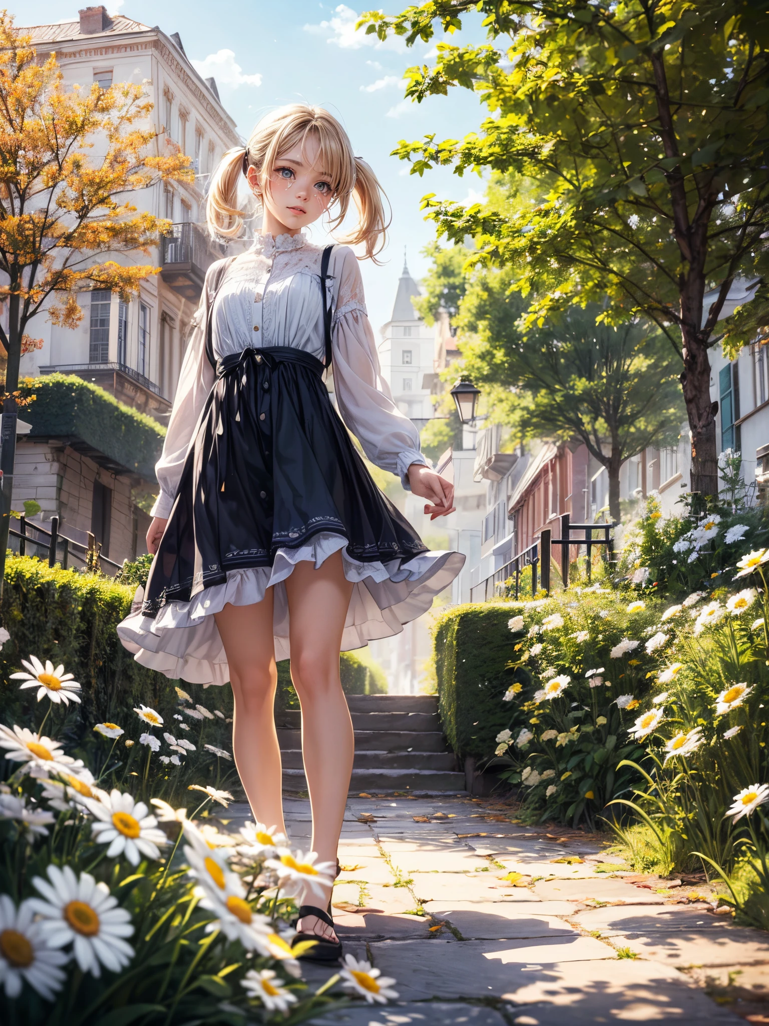 (Best Quality),hight resolution,(Realistic:1.37),Portrait,Garden Girl,Beautiful detailed eyes,Detailed lips,Vivid colors,(Melody Mark:1.1),(Girl walking in town),(Nostalgic atmosphere) ,(Short hair),(Low blonde hair, Loose and fluffy twin tails:1.2),Bright dresses,The town is surrounded by mysterious boundaries,Cool morning clouds are calm and peaceful, Quietly leads you to a sea of memories,Walk through a field of daisies,The tree々Gentle sunlight shines in,The beauty of tears, Like multicolored glass, Carried by the autumn breeze,Someday it will be full of fallen leaves,gentle sunlight,Soft breeze,Delicate flowers,Butterflies flutter by,calm and peaceful ambiance,Mesmerizing natural beauty,Whispering leaves,Subtle scent of summer grass,Whispers of happiness,Fragments of Shining Stars,Fleeting moments wrapped in eternity,