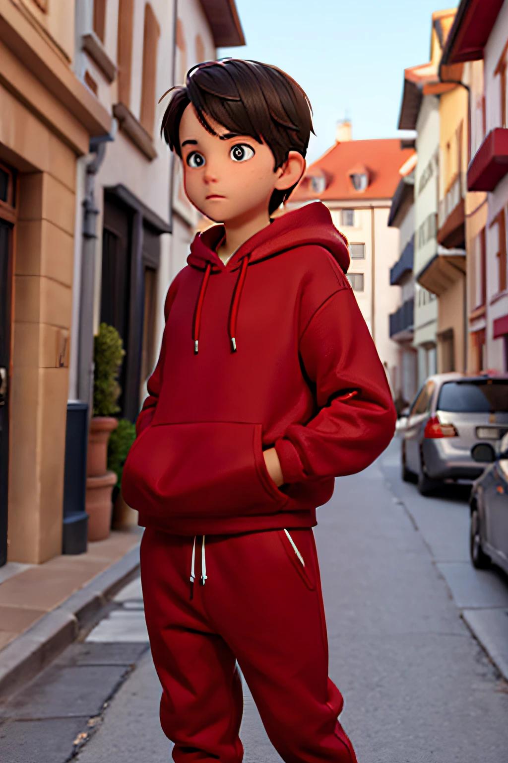 Boy dark hair european short hair red hoodie in sweatpants in a street