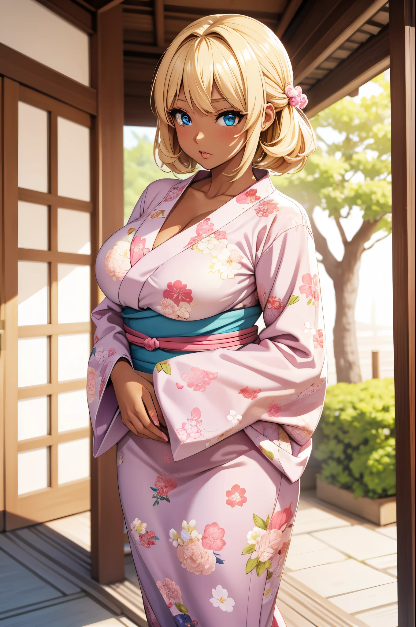 Female Gyaru, Hime cut Blonde hair, Blue eyes, dark brown skin, large breasts, wearing a white and pink yukata with floral accents