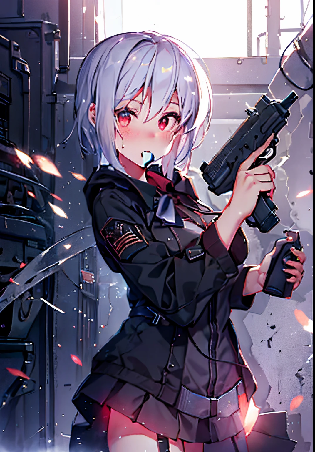 ⓪Action:(holding pistol,: 1.5), Finger guns, put one’s finger on trigger,
①Quality:(ultra-detailed:1.3), masterpiece, 8k, extremely detailed CG, (1 girl), Perfect hands:1.2), (Perfect ???????:1.2), (beautiful face: 1.1), Intricate Iris Details, Captivating Eye Reflections, Sparkling Highlights in the Eyes, Depth and Dimension in the Pupils, Subtle Color Variations in the Iris, Meticulous Eyelash Details, Depth and Dimension in the Pupils,
②Lighting:brightening light, moody lighting, nature lighting, Best Illumination,
③ part: (small breasts: 1.2), shiny hair, floating hair, sparkling pupils, detailed face, detailed eyes, detailed skin, shiny hair,
④Style: animation, illustration, (blush:1.0), Mass sweat
⑤Subject (short hair:1.3), (White hair, short hair, red eyes, ),
⑥Environment:shooting range,Cyber cty,
⑦Construction:Upper body, looking away,
⑧Costume : (Manteau,black one-piece military uniform,black skirt,belt at under the breast,: 1.3), Beautiful breasts,black tights,
⑨Others:(Toned wais,slender bod,small hea,Seven-headed body, beauty legs, Footboard beauty),