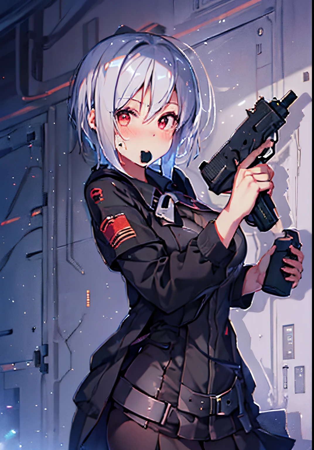 ⓪Action:(holding pistol,: 1.5), Finger guns, put one’s finger on trigger,
①Quality:(ultra-detailed:1.3), masterpiece, 8k, extremely detailed CG, (1 girl), Perfect hands:1.2), (Perfect Anatomy:1.2), (beautiful face: 1.1), Intricate Iris Details, Captivating Eye Reflections, Sparkling Highlights in the Eyes, Depth and Dimension in the Pupils, Subtle Color Variations in the Iris, Meticulous Eyelash Details, Depth and Dimension in the Pupils,
②Lighting:brightening light, moody lighting, nature lighting, Best Illumination,
③ part: (small breasts: 1.2), shiny hair, floating hair, sparkling pupils, detailed face, detailed eyes, detailed skin, shiny hair,
④Style: animation, illustration, (blush:1.0), Mass sweat
⑤Subject (short hair:1.3), (White hair, short hair, red eyes, ),
⑥Environment:shooting range,Cyber cty,
⑦Construction:Upper body, looking away,
⑧Costume : (Manteau,black one-piece military uniform,black skirt,belt at under the breast,: 1.3), Beautiful breasts,black tights,
⑨Others:(Toned wais,slender bod,small hea,Seven-headed body, beauty legs, Footboard beauty),