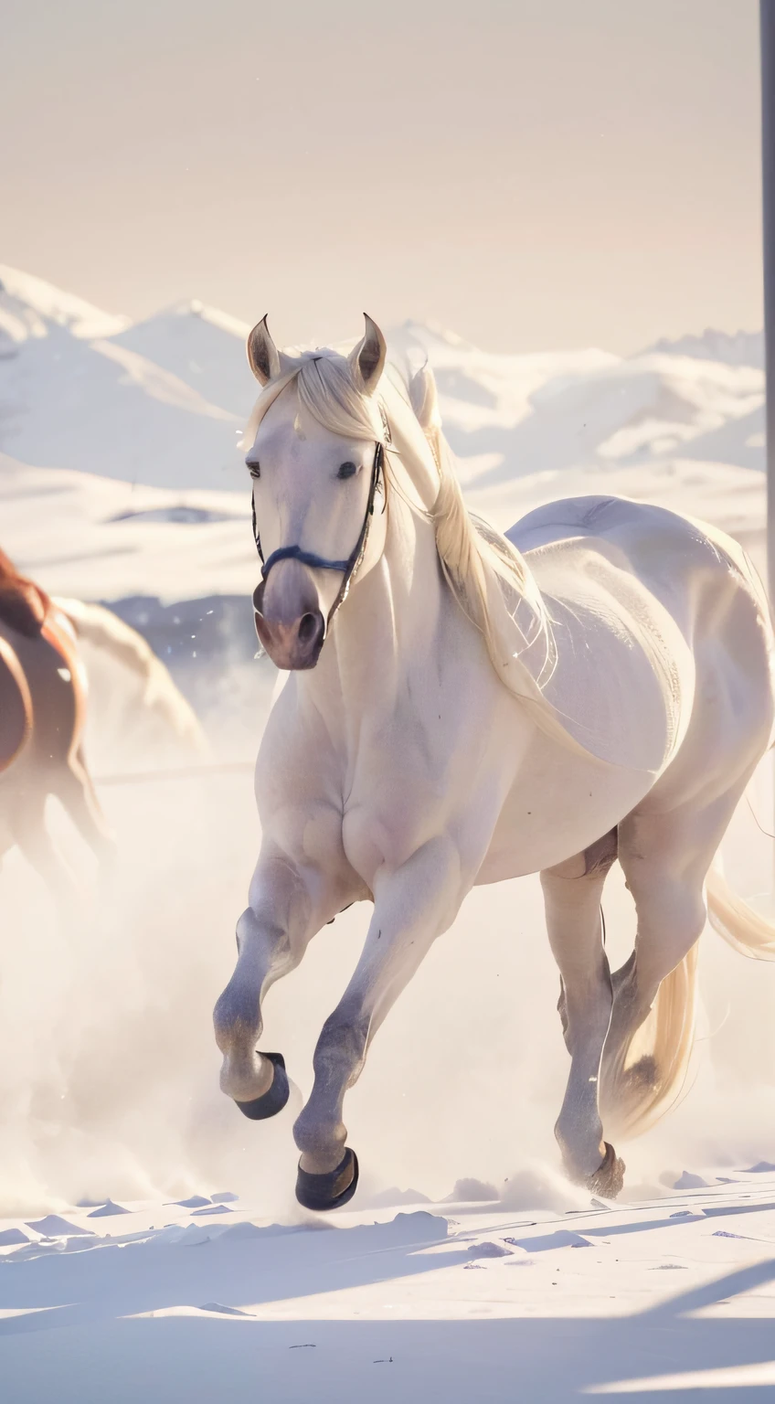 On a sunny day,White horse running in the snow,an all white horse,beautiful tranquility,Winter mist,majestic horses,Photographic works,Dancing beauty,extremely beautiful and ethereal,A majestic,Beauty,Magical comic landscape