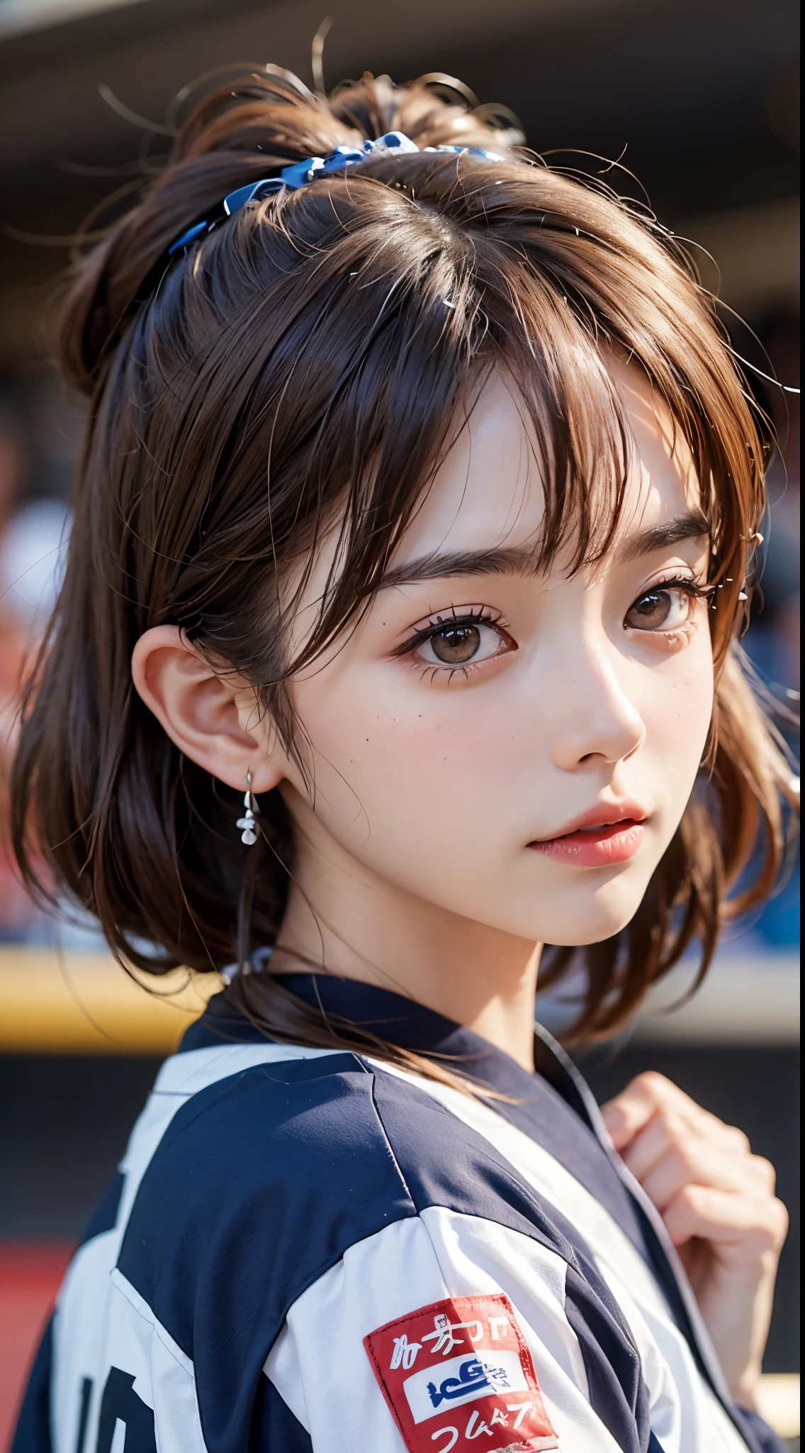 Beautiful woman、Kawaii Woman、About 20 years old、A detailed face、Detailed eyes、Detailed skin、detailed hairs、super realistic picture quality、An ultra-high picture quality、8K、Hokkaido、Esconfield、Tomoyo Harada、Beer vendor、Part-time job at a baseball field、Fox Dance、Japan Ham Fighters、cheer girl、cheerleaders、Nippon-Ham Fighters match、