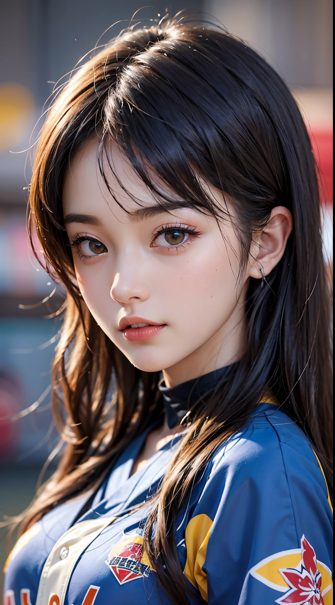 Beautiful woman、Kawaii Woman、About 20 years old、A detailed face、Detailed eyes、Detailed skin、detailed hairs、super realistic picture quality、An ultra-high picture quality、8K、Hokkaido、Esconfield、Tomoyo Harada、Beer vendor、Part-time job at a baseball field、Fox Dance、Japan Ham Fighters、cheer girl、cheerleaders、Nippon-Ham Fighters match、