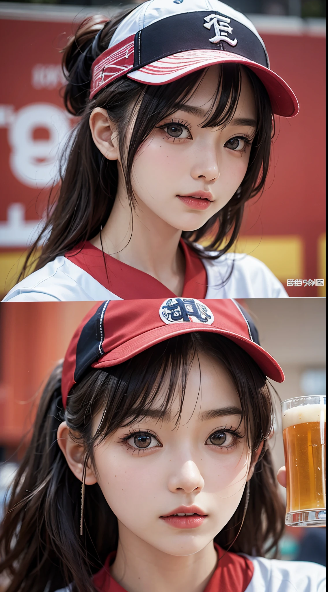 Beautiful woman、Kawaii Woman、About 20 years old、A detailed face、Detailed eyes、Detailed skin、detailed hairs、super realistic picture quality、An ultra-high picture quality、8K、Hokkaido、Esconfield、Tomoyo Harada、Beer vendor、Part-time job at a baseball field、Fox Dance、Japan Ham Fighters、cheer girl、cheerleaders、Nippon-Ham Fighters match、