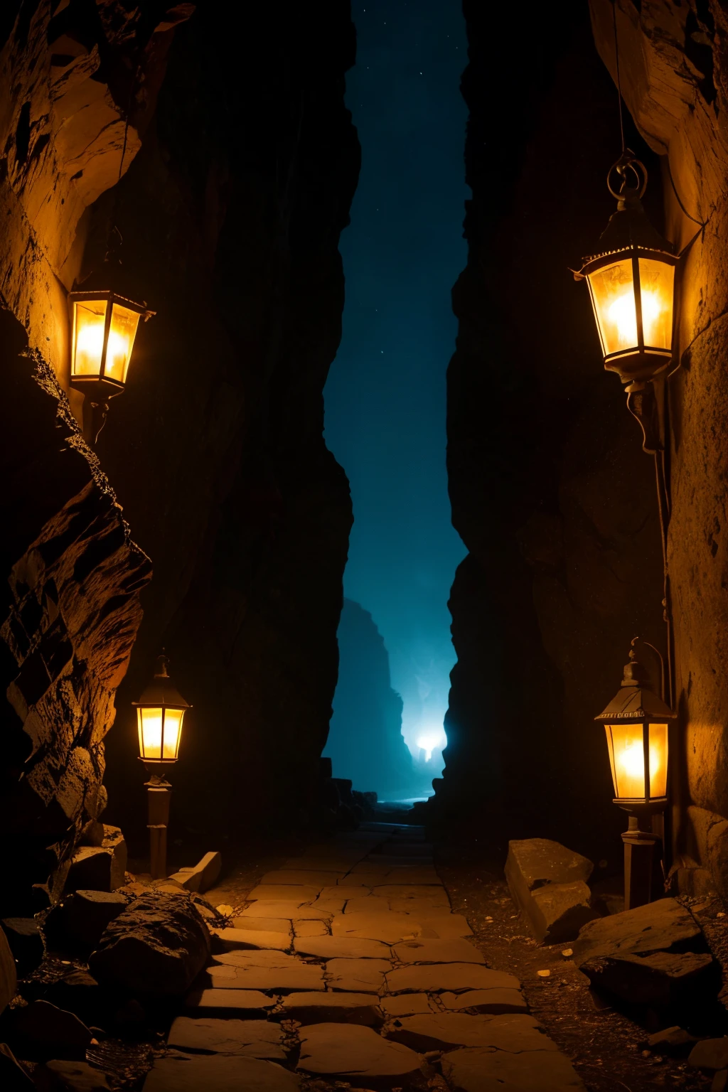 a ancient path in a dark pirate's rought rock carved cave, lit by old lanterns on the floor, low light, night colors,
UHD, retina, masterpiece, accurate, super detail, high details, high quality, award winning, best quality, highres, 16k, 8k,