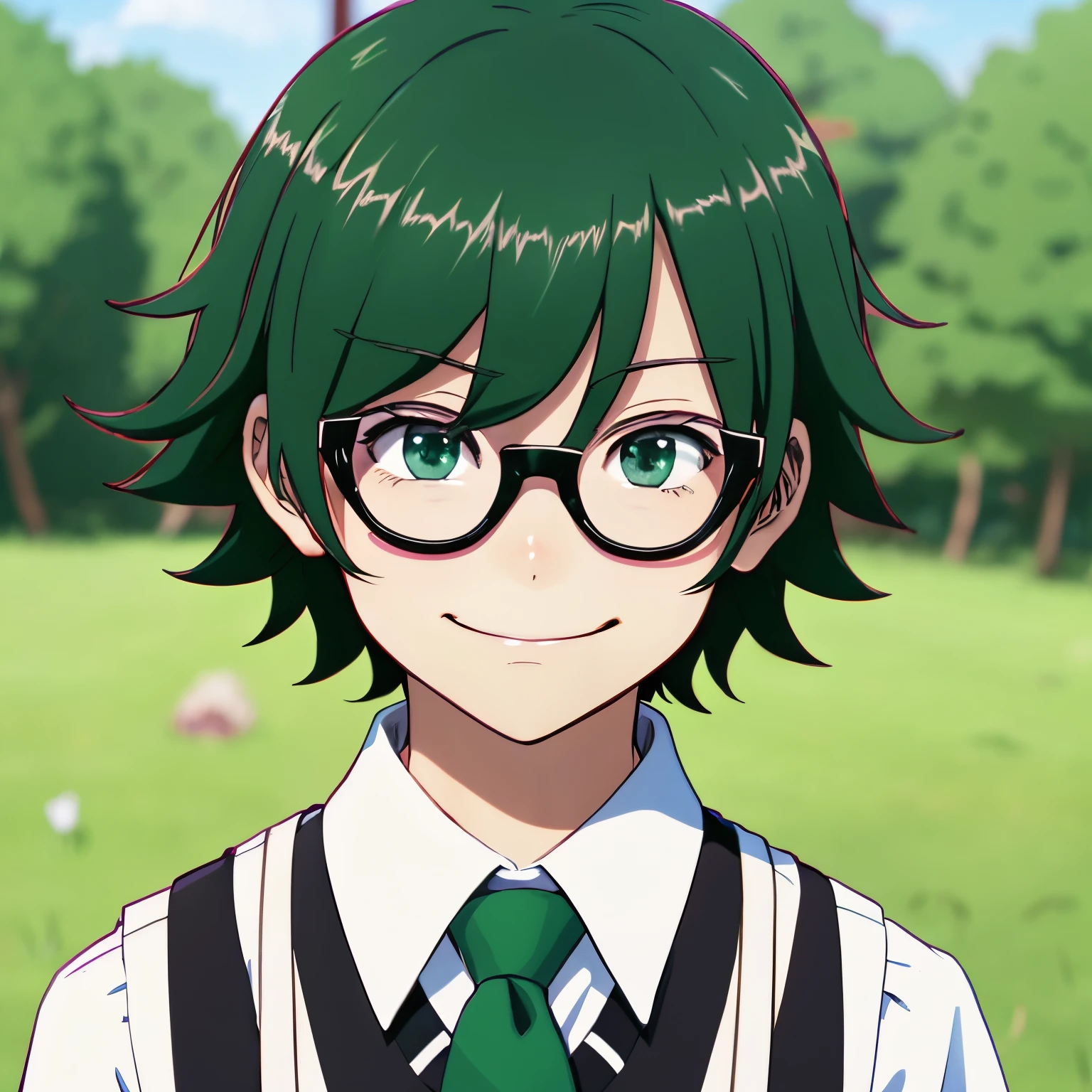 anime styled，boy with glasses and tie，Neutral face，darkgreen hair，Ahoge，Tie Red，Black vest，White shirt，red necktie，light-novel，Neutral face，cute little，Emerald green eyes，Gentle smile，The hair at the nape of my neck is a little long，Black vest，Rounded face，anime styled，A cute boy，Invincible smile