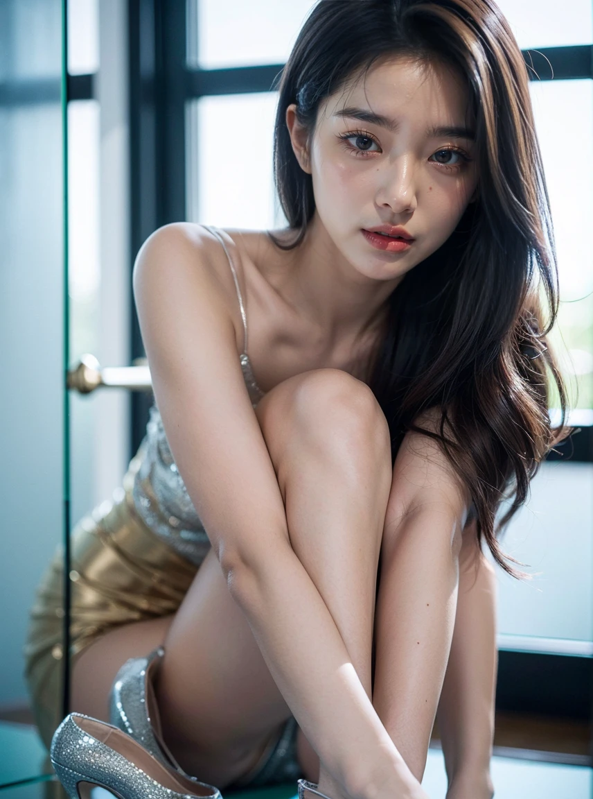 25 year old Korean girl, (woman 1), beauitful face, ssmile, Balanced body, Beautiful body, detailedskin, Long whit hair, Key 173, tmasterpiece, (hight resolution, Realistic and delicate structure: 1.4), (perfectly balanced body proportions), ((Realistic human body texture image structure)), Attractive woman, (depth of fields), Fanciful, hentail realism, HighDynamicRange, hyper HD, 4K, in 8K, mano, fingers, (clear glass heels:1.5), M-shaped legs, Sexy underwear