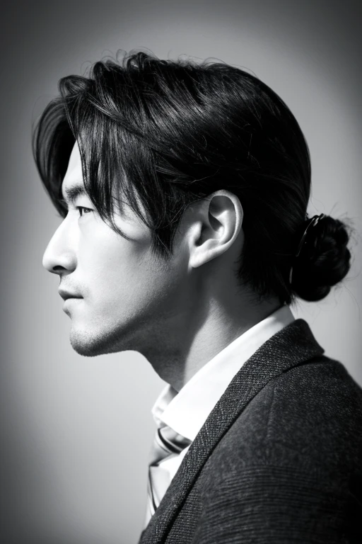 Japan man in his 50s,hair is regent,profile portrait,black-and-white