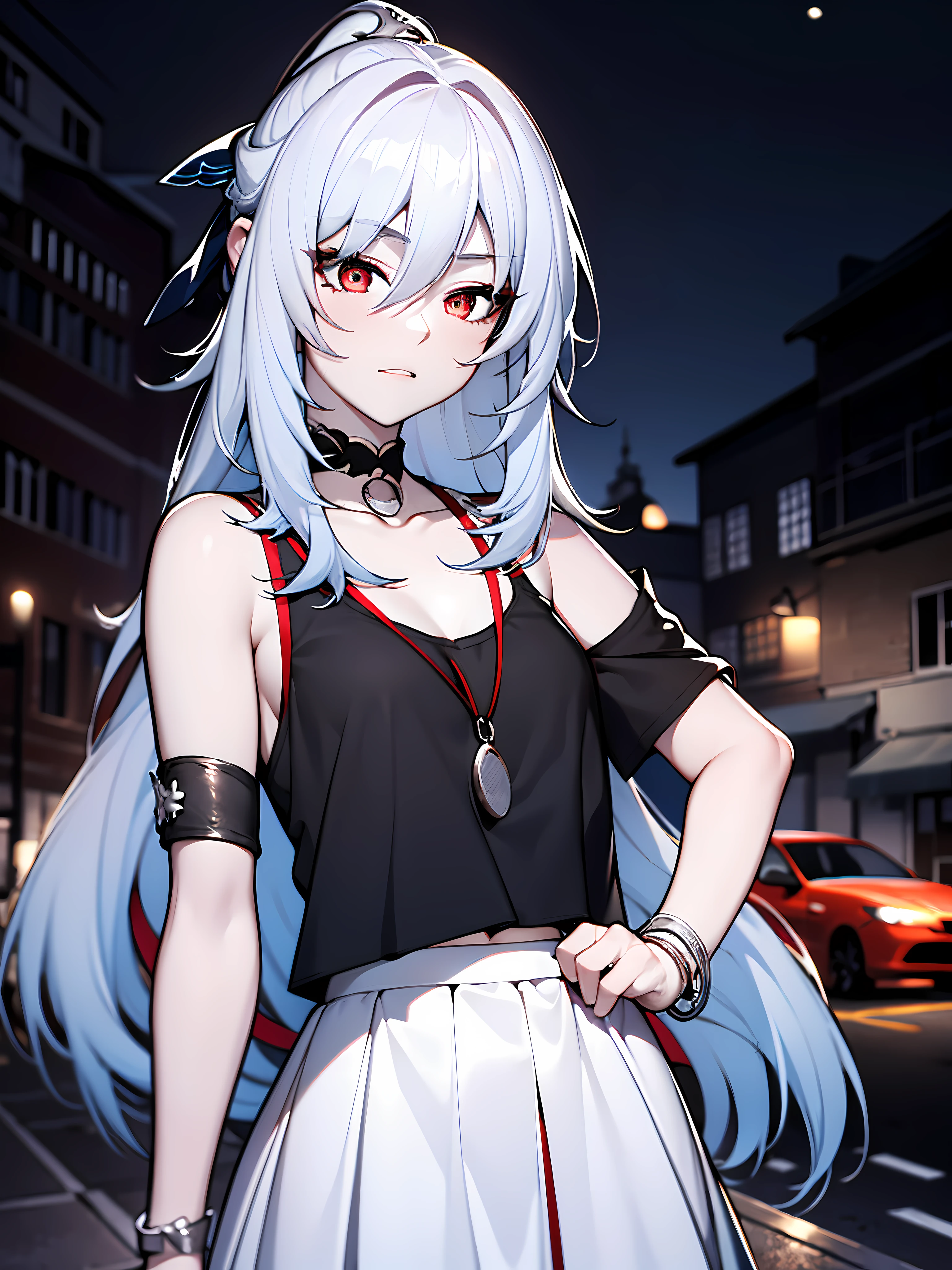 (masterpiece:1.2), (pale skin:1.2), (solo:1.2), (female:1.1), (emphasis lines:1.3), white hair, long hair, bare shoulders, outdoors, (black_skirt), red eyes, (tanktop:1.3), (on_a_date), armbands, (bracelets), collarbone, streets, (night), (casual)